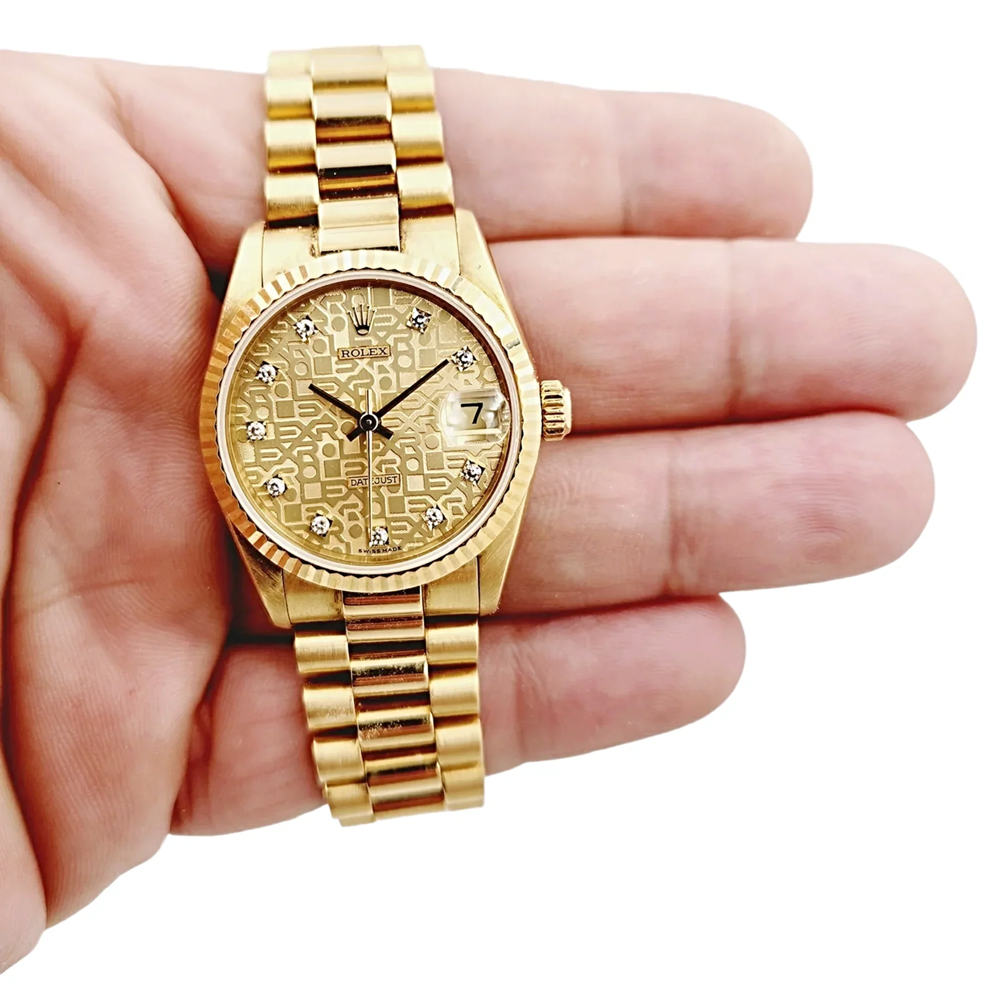 Ladies Rolex 31mm Midsize Presidential 18K Solid Yellow Gold Watch with Champagne Anniversary Diamond Dial and Fluted Bezel. (Pre-Owned 68278)