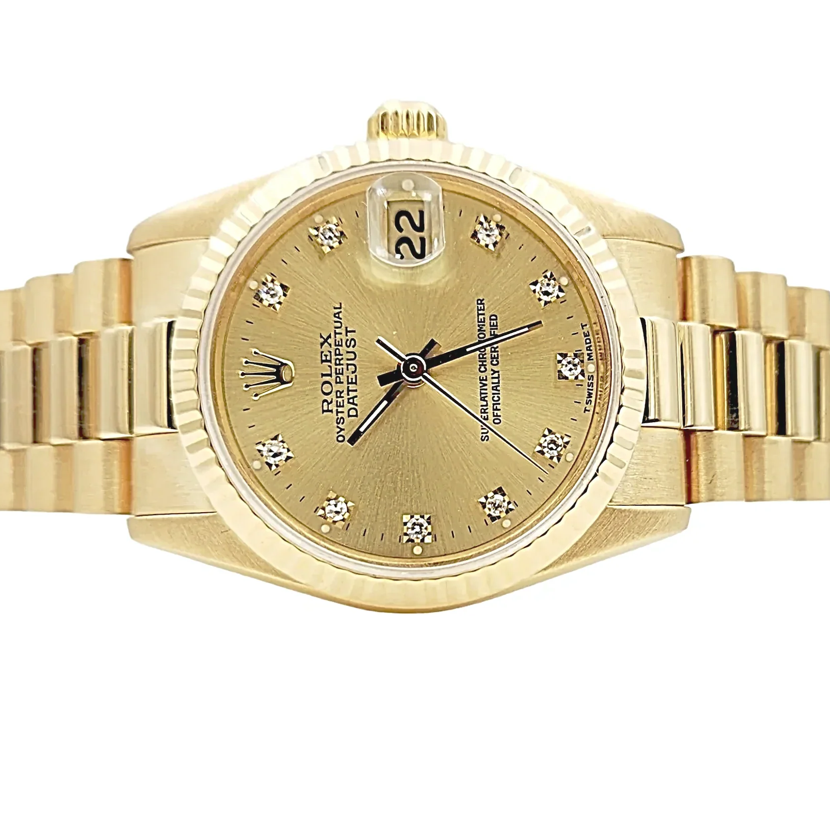 Ladies Rolex 31mm Midsize Presidential 18K Solid Yellow Gold Watch with Champagne Diamond Dial and Fluted Bezel. (Pre-Owned 68278)