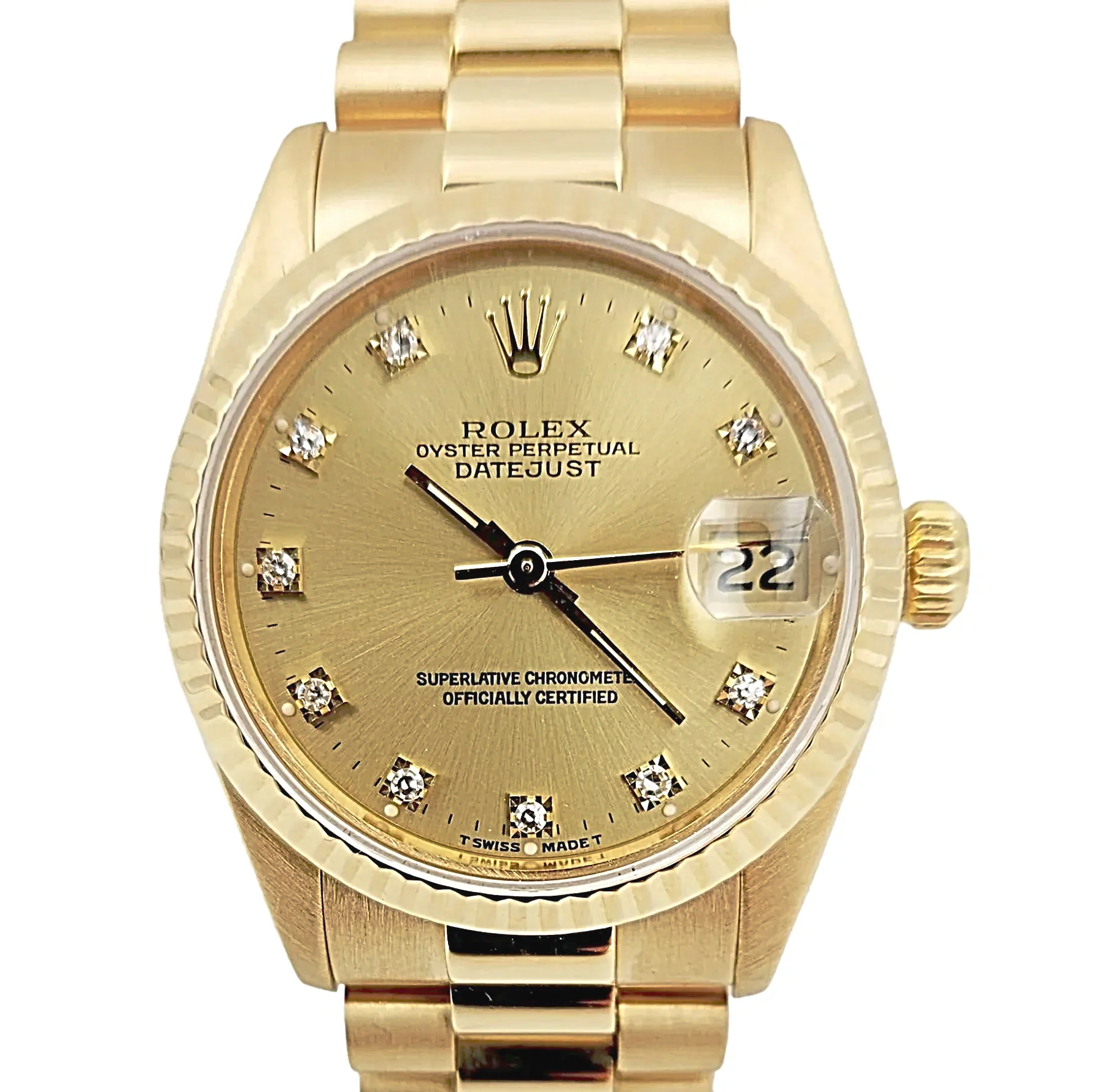 Ladies Rolex 31mm Midsize Presidential 18K Solid Yellow Gold Watch with Champagne Diamond Dial and Fluted Bezel. (Pre-Owned 68278)