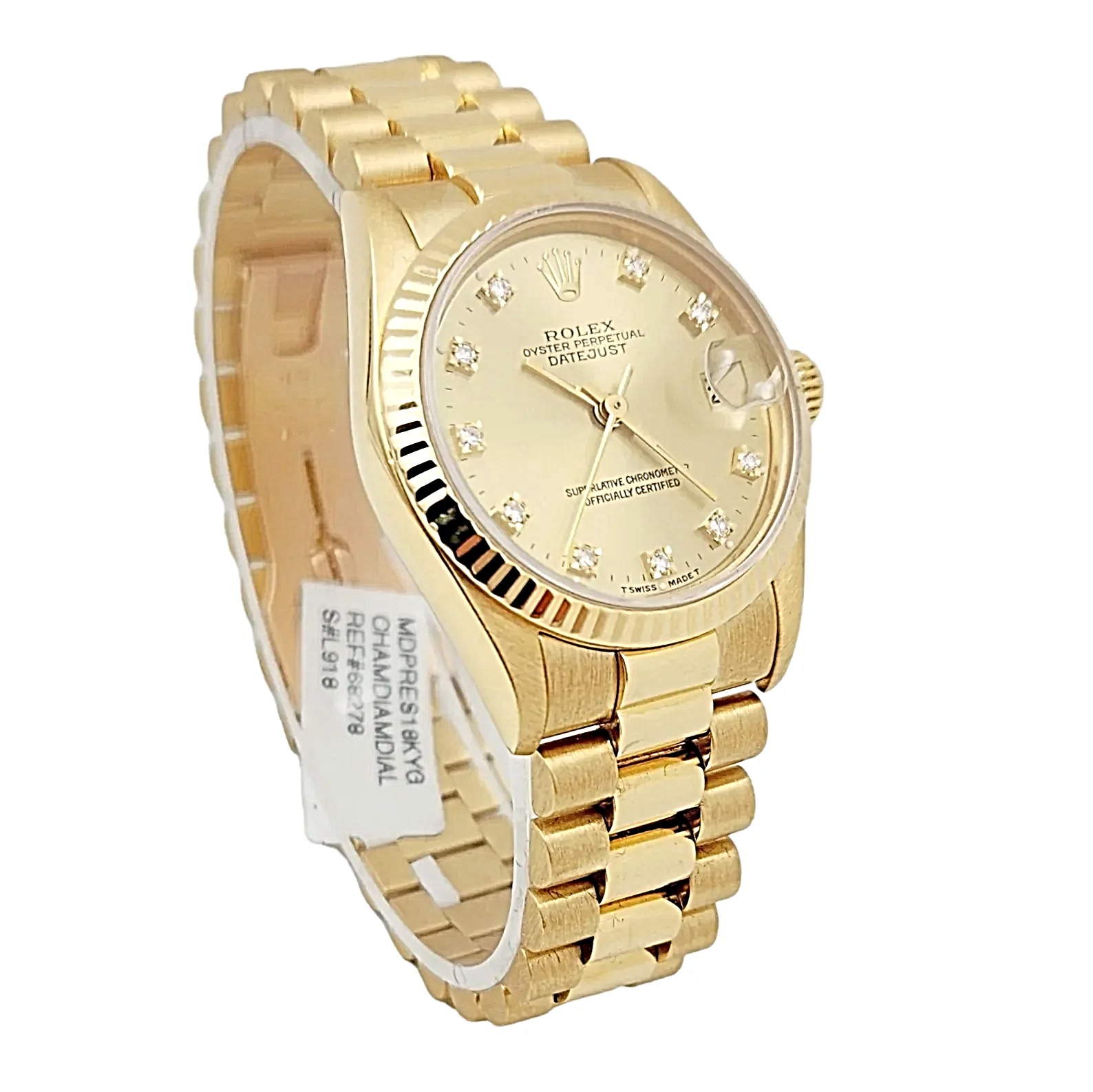 Ladies Rolex 31mm Midsize Presidential 18K Solid Yellow Gold Wristwatch w/ Champagne Diamond Dial & Fluted Bezel. (Pre-Owned 68278)