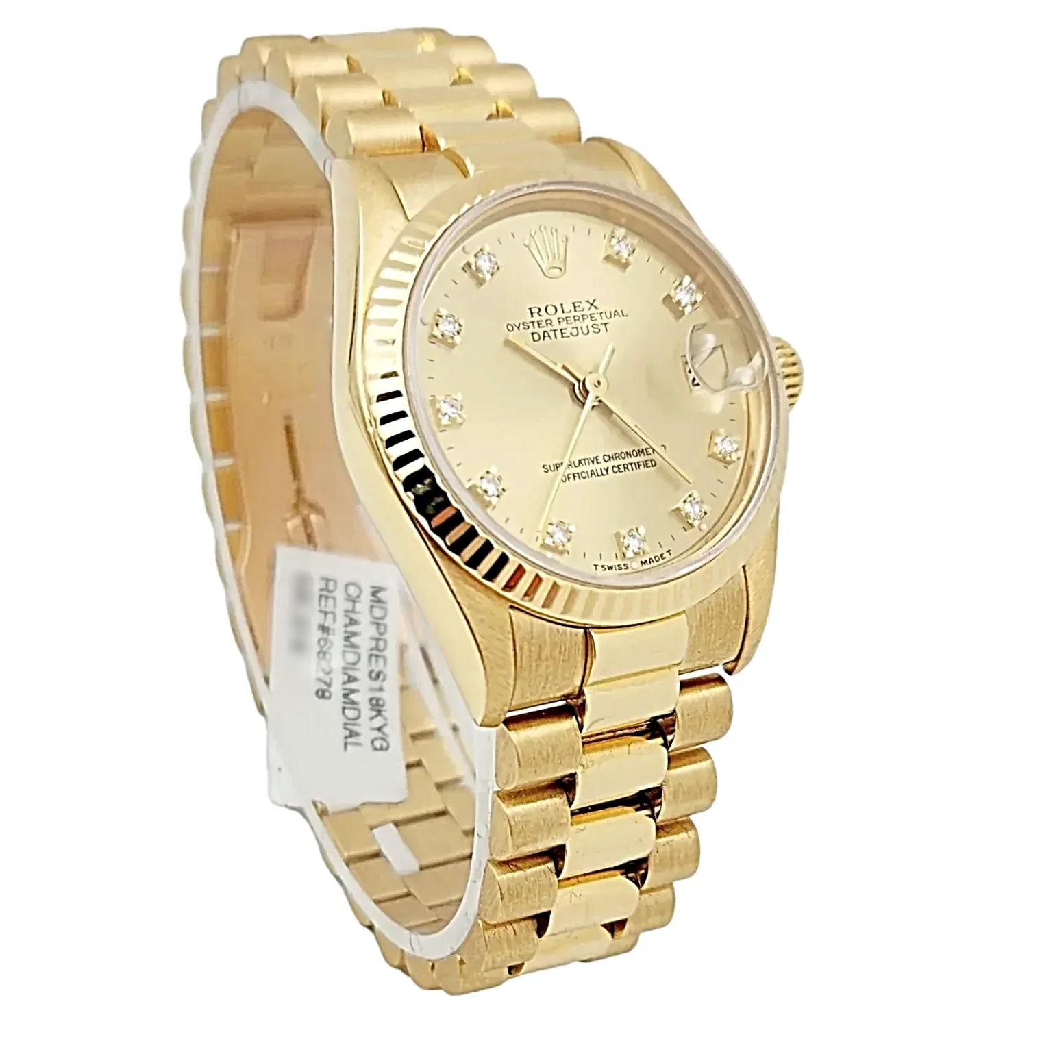 Ladies Rolex 31mm Midsize Presidential 18K Solid Yellow Gold Watch with Champagne Diamond Dial and Fluted Bezel. (Pre-Owned 68278)