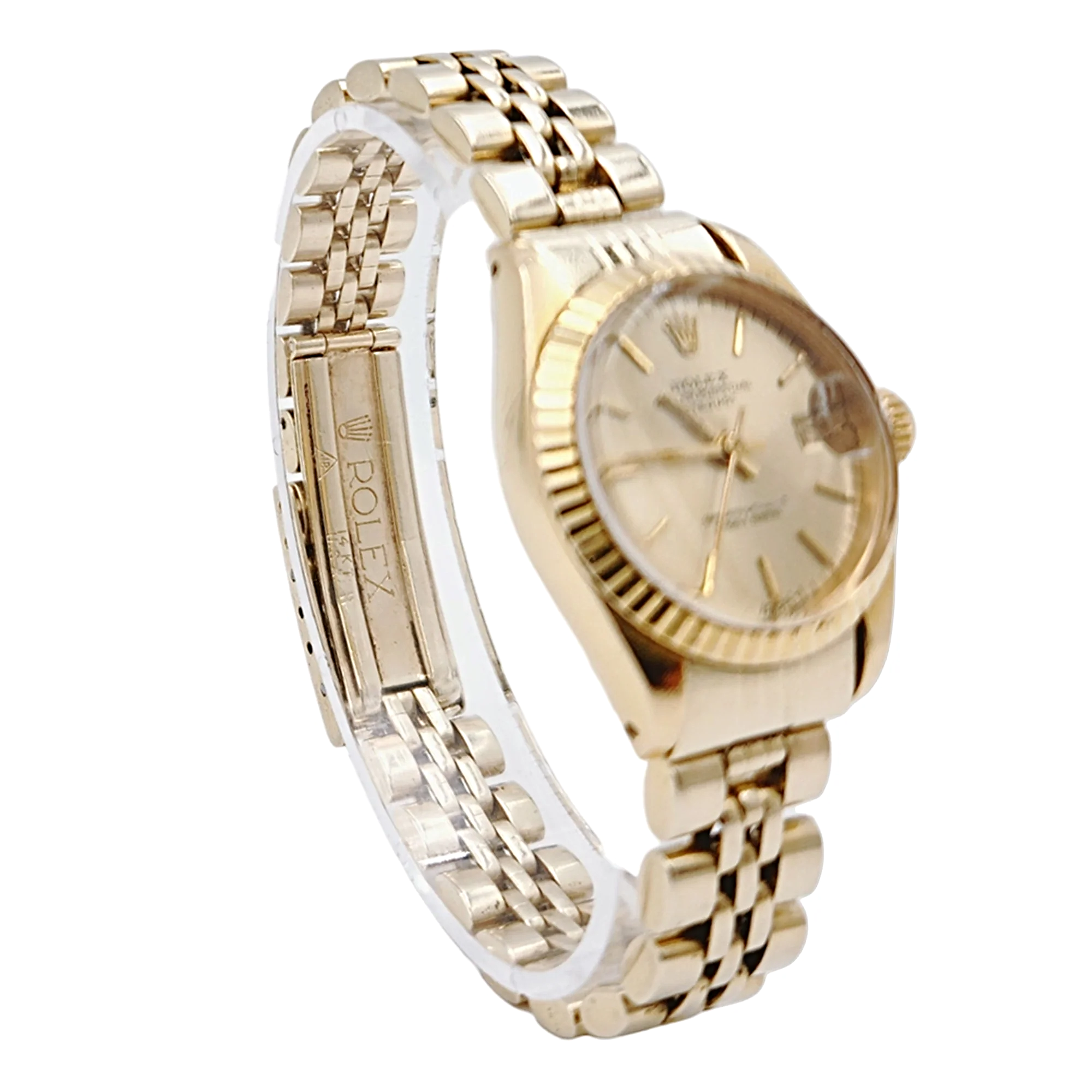 Ladies Rolex DateJust 26mm Vintage Solid 14K Yellow Gold Watch with Champagne Dial and Fluted Bezel. (Pre-Owned 6917)