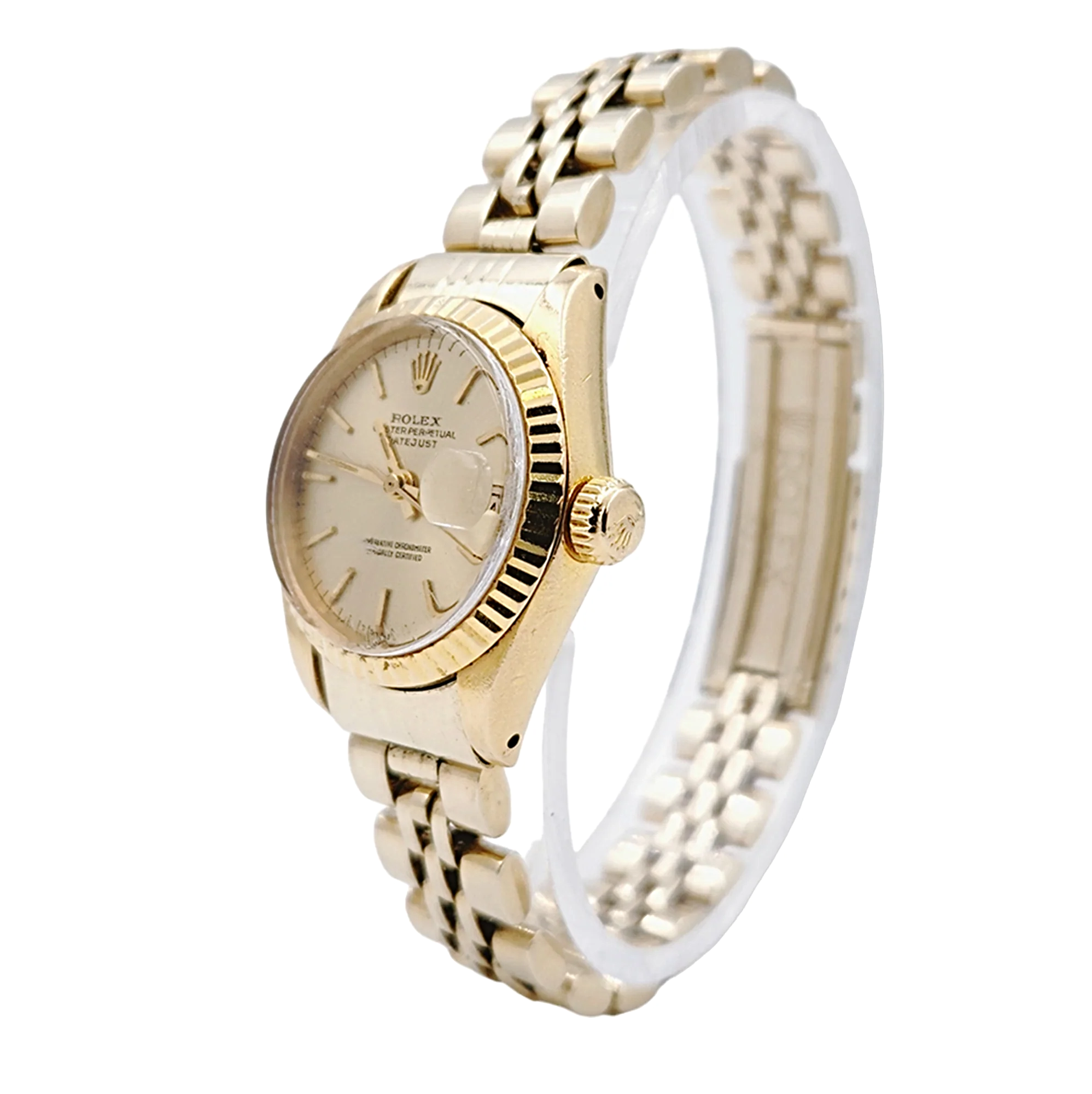 Ladies Rolex DateJust 26mm Vintage Solid 14K Yellow Gold Watch with Champagne Dial and Fluted Bezel. (Pre-Owned 6917)