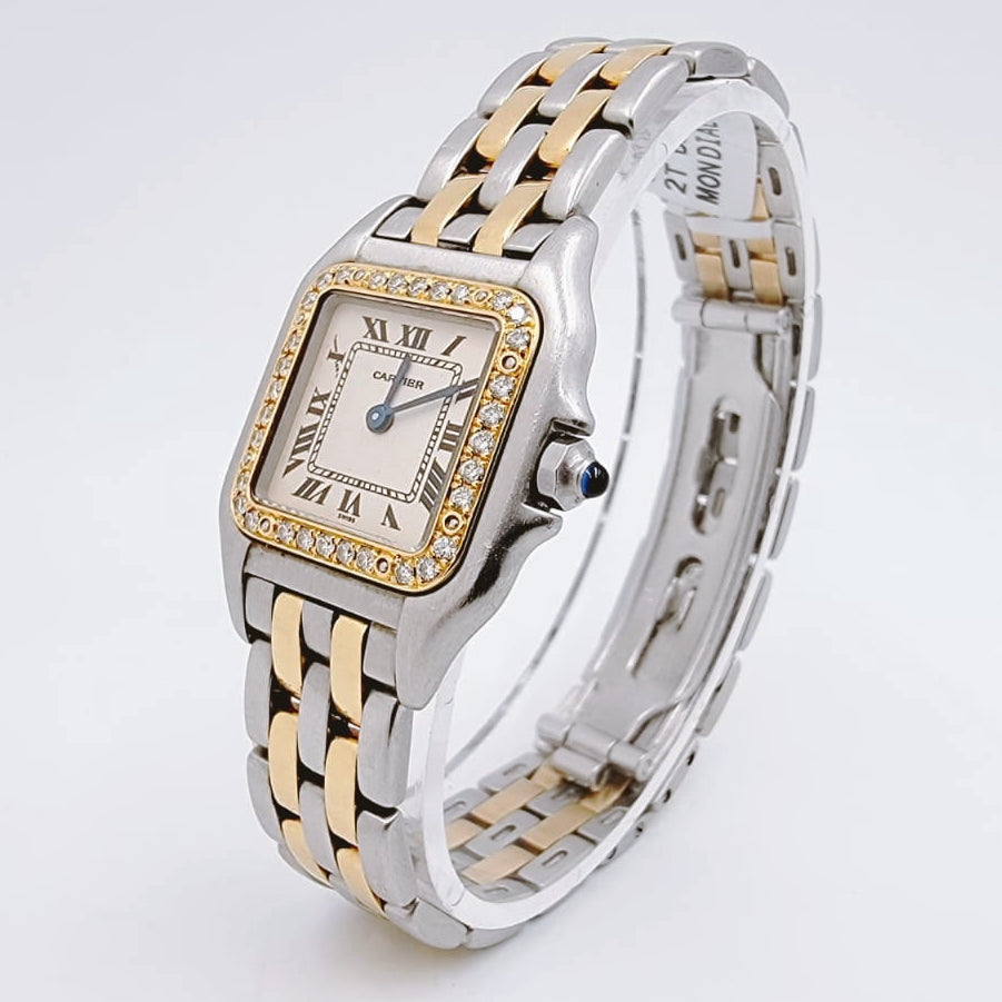Ladies Small Cartier 22mm Panthere Watch in 18K Yellow Gold / Stainless Steel with White Dial and Diamond Bezel. (Pre-Owned)