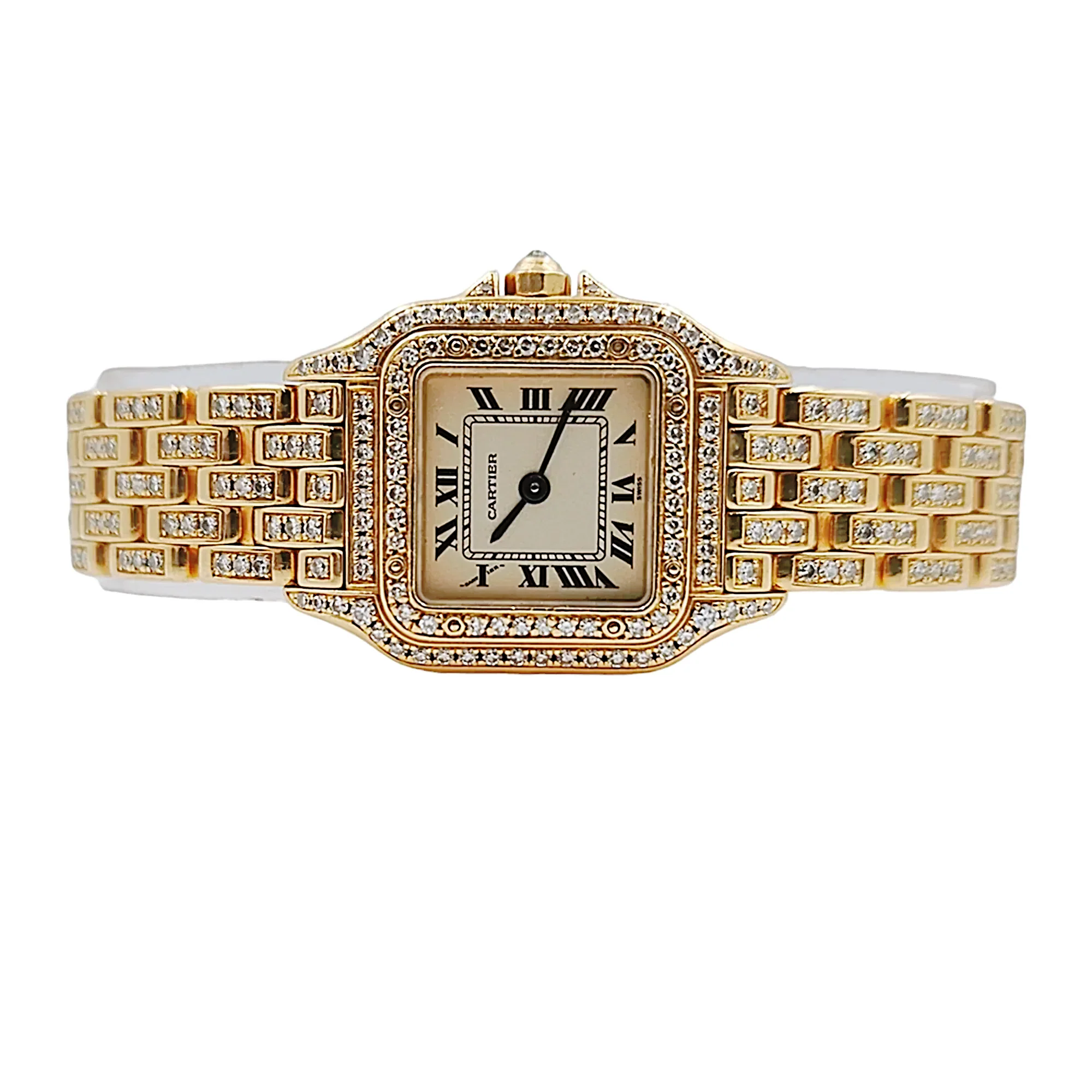 Ladies Small Cartier Panthere 18K Solid Yellow Gold Watch with Diamond Bracelet and Bezel. (Pre-Owned)