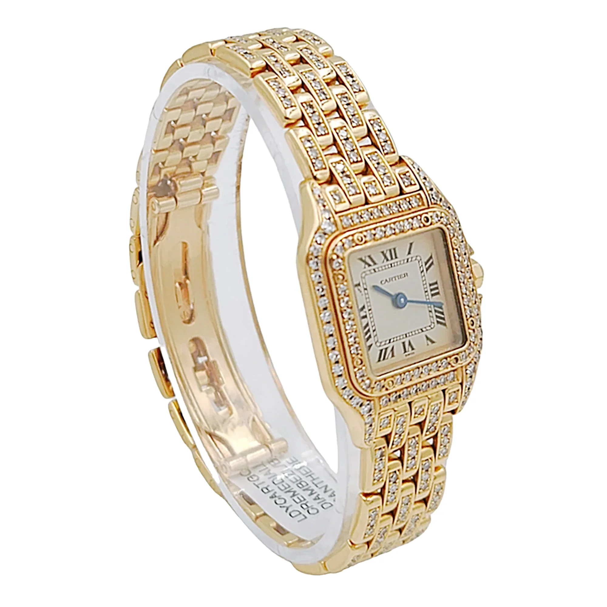 Ladies Small Cartier Panthere 18K Solid Yellow Gold Watch with Diamond Bracelet and Bezel. (Pre-Owned)