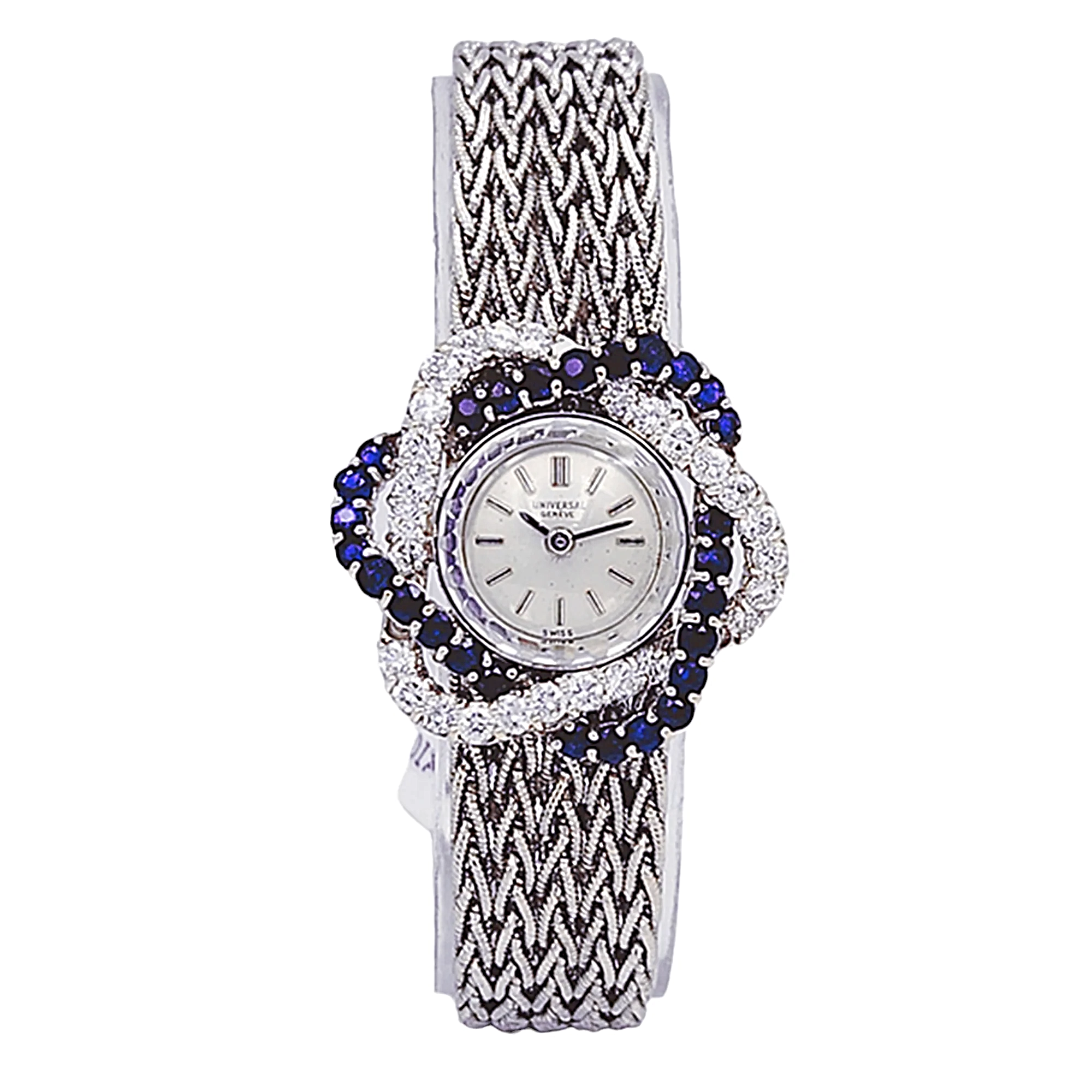 Ladies Universal Genève Vintage 22mm Watch with Blue Saphire / Natural Diamonds in 18K White Gold Band. (Pre-Owned)