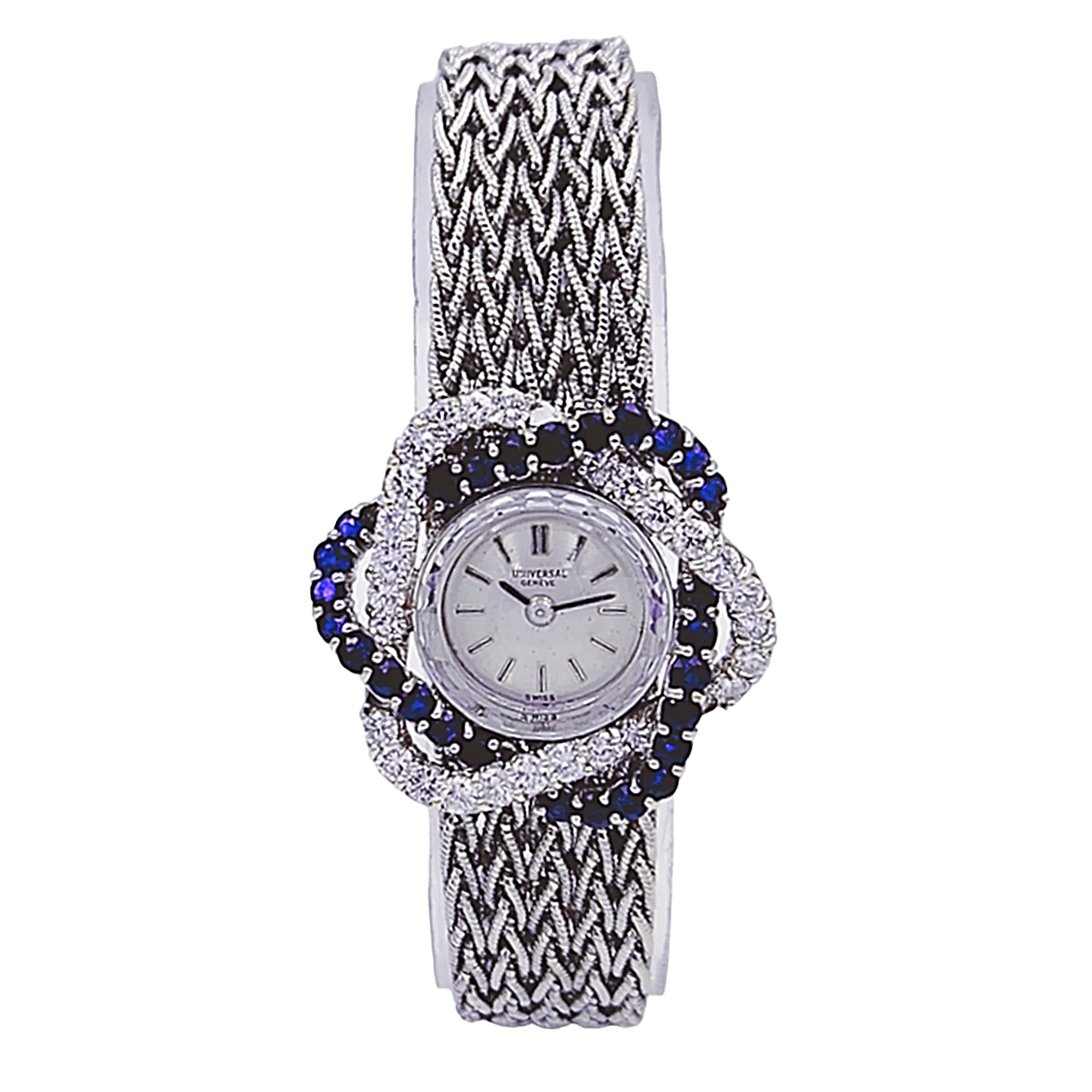 Ladies Universal Genève Vintage 22mm Watch with Blue Saphire / Natural Diamonds in 18K White Gold Band. (Pre-Owned)