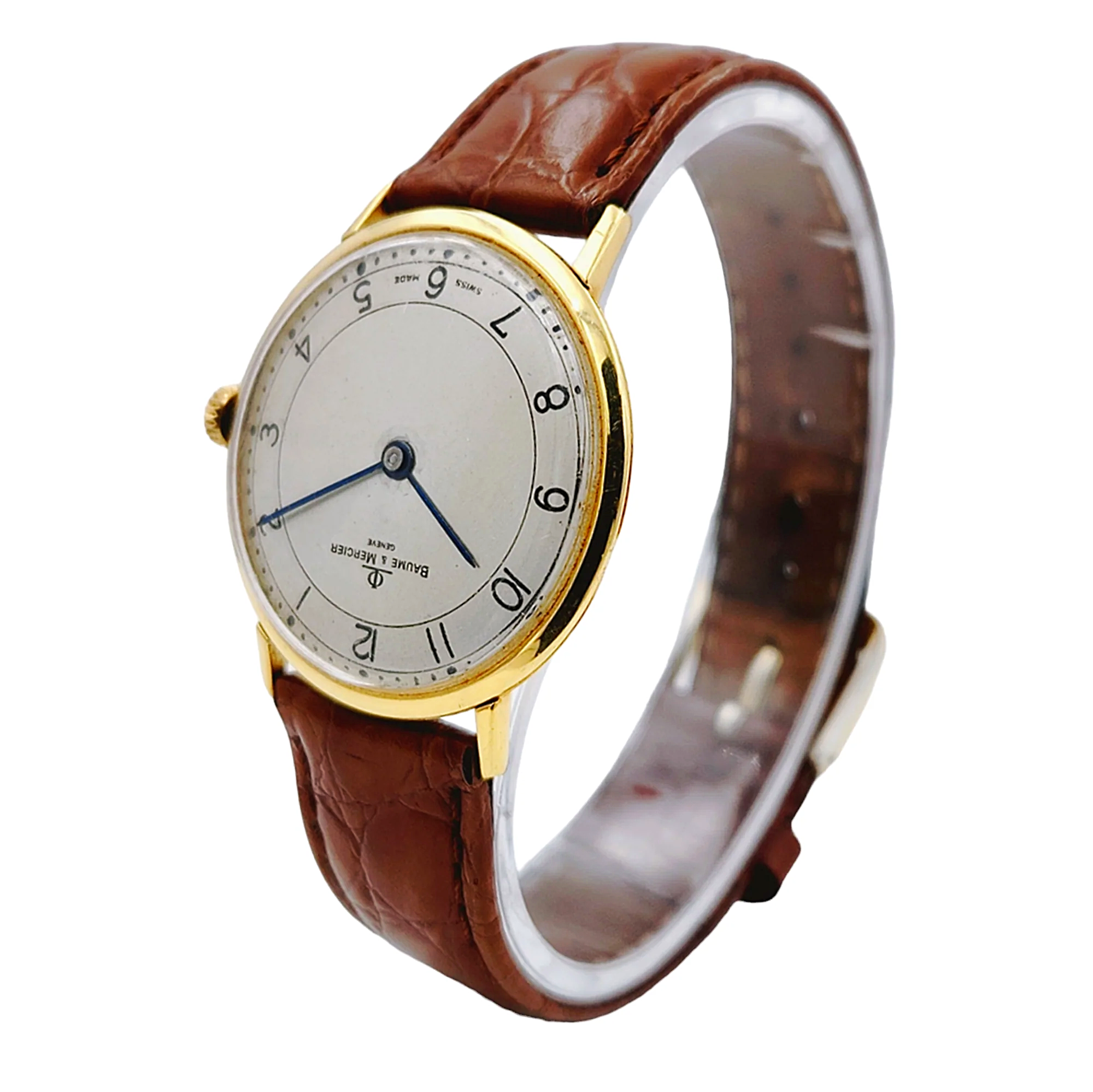 Men's Baume & Mercier 33mm Vintage 18K Yellow Gold Automatic Watch with Brown Leather Band and Egg-Shell Dial. (Pre-Owned 35061)