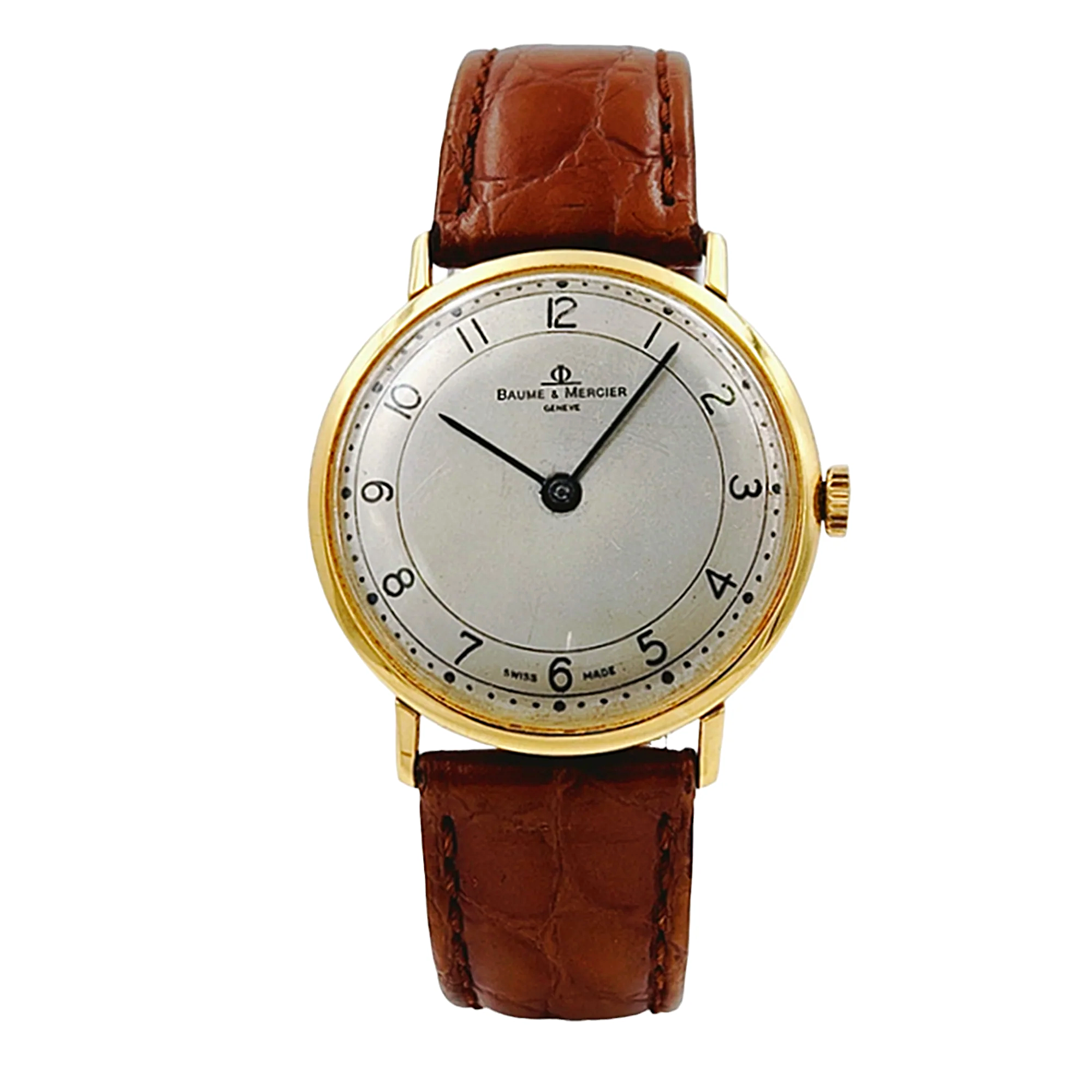Men's Baume & Mercier 33mm Vintage 18K Yellow Gold Automatic Watch with Brown Leather Band and Egg-Shell Dial. (Pre-Owned 35061)