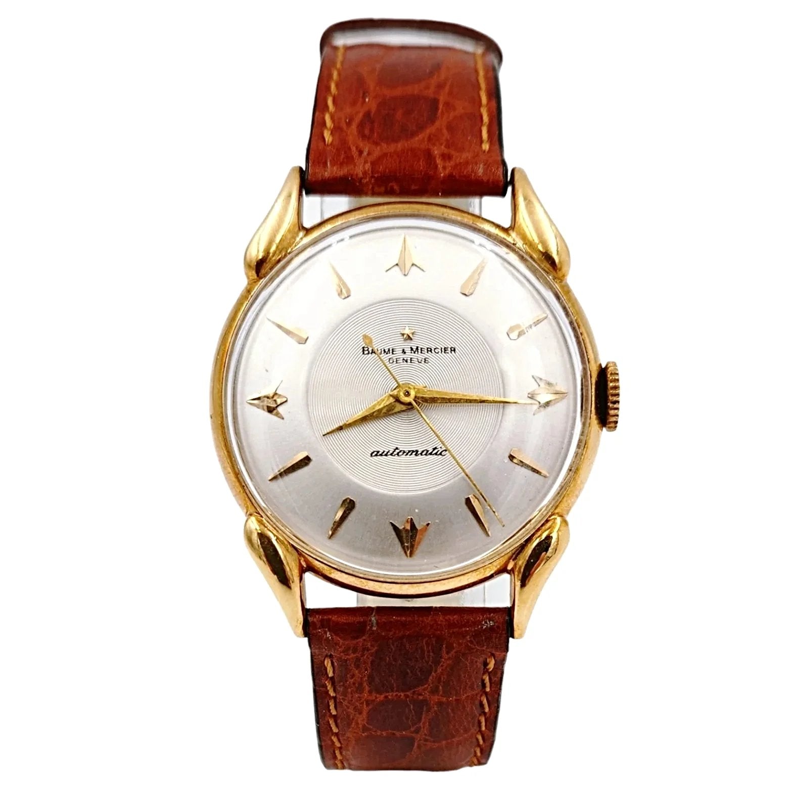 Men's Baume & Mercier 34mm Automatic Vintage 14K Yellow Gold Watch with Brown Leather Band and Silver Dial. (Pre-Owned)