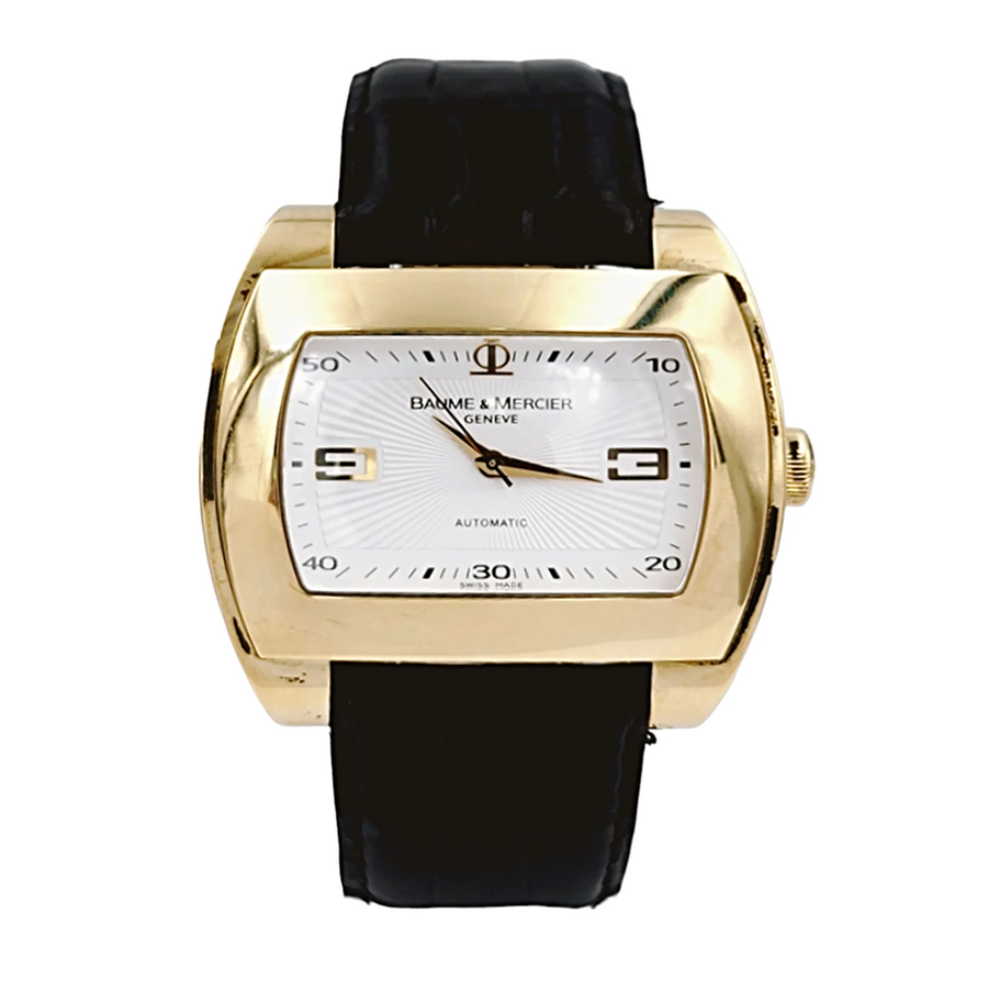 Men's Baume & Mercier 38mm x 42mm Hampton 18K Solid Yellow Gold Automatic Watch with Black Leather Band and Silver Dial. (Pre-Owned)