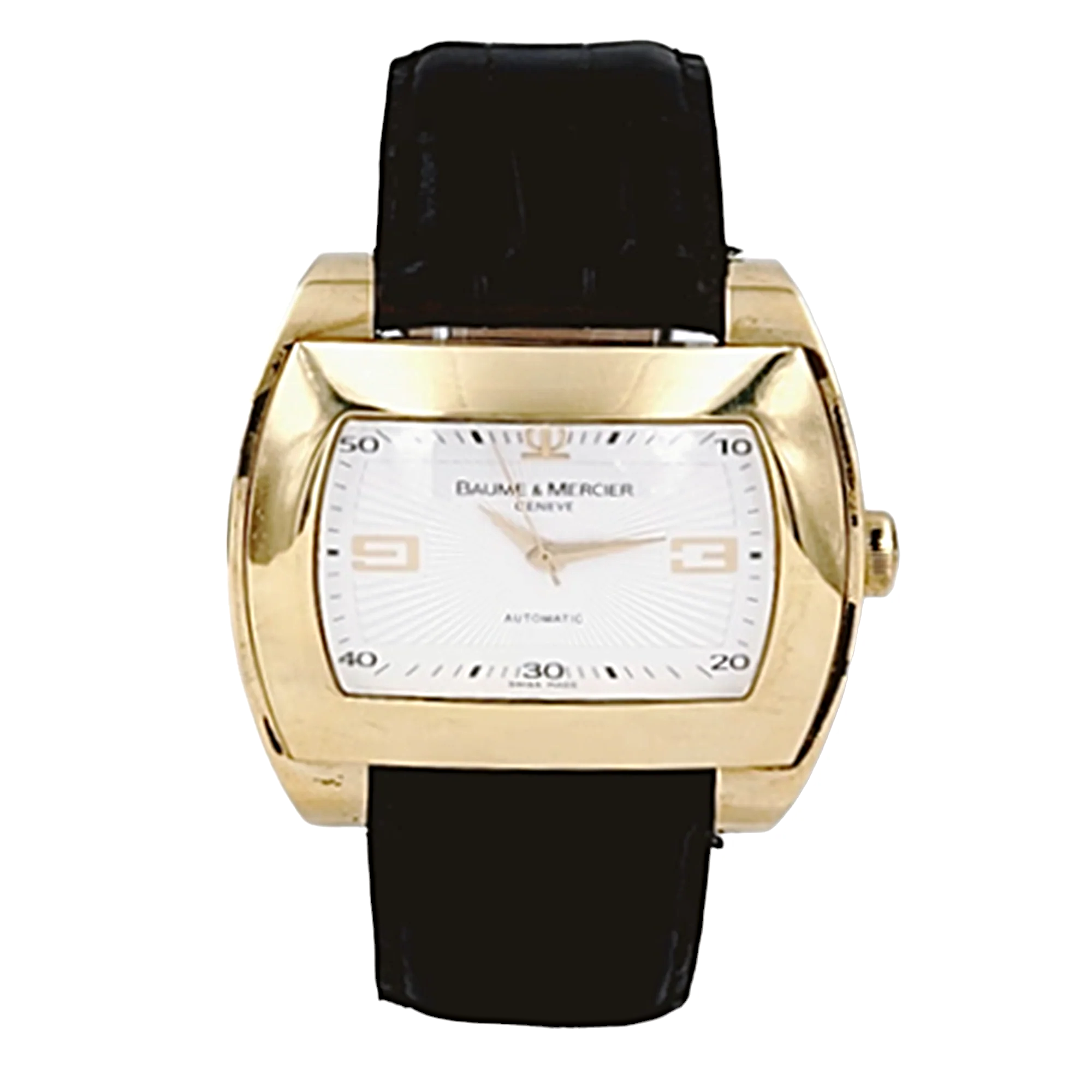 Men's Baume & Mercier 38mm x 42mm Hampton 18K Solid Yellow Gold Automatic Watch with Black Leather Band and Silver Dial. (Pre-Owned)