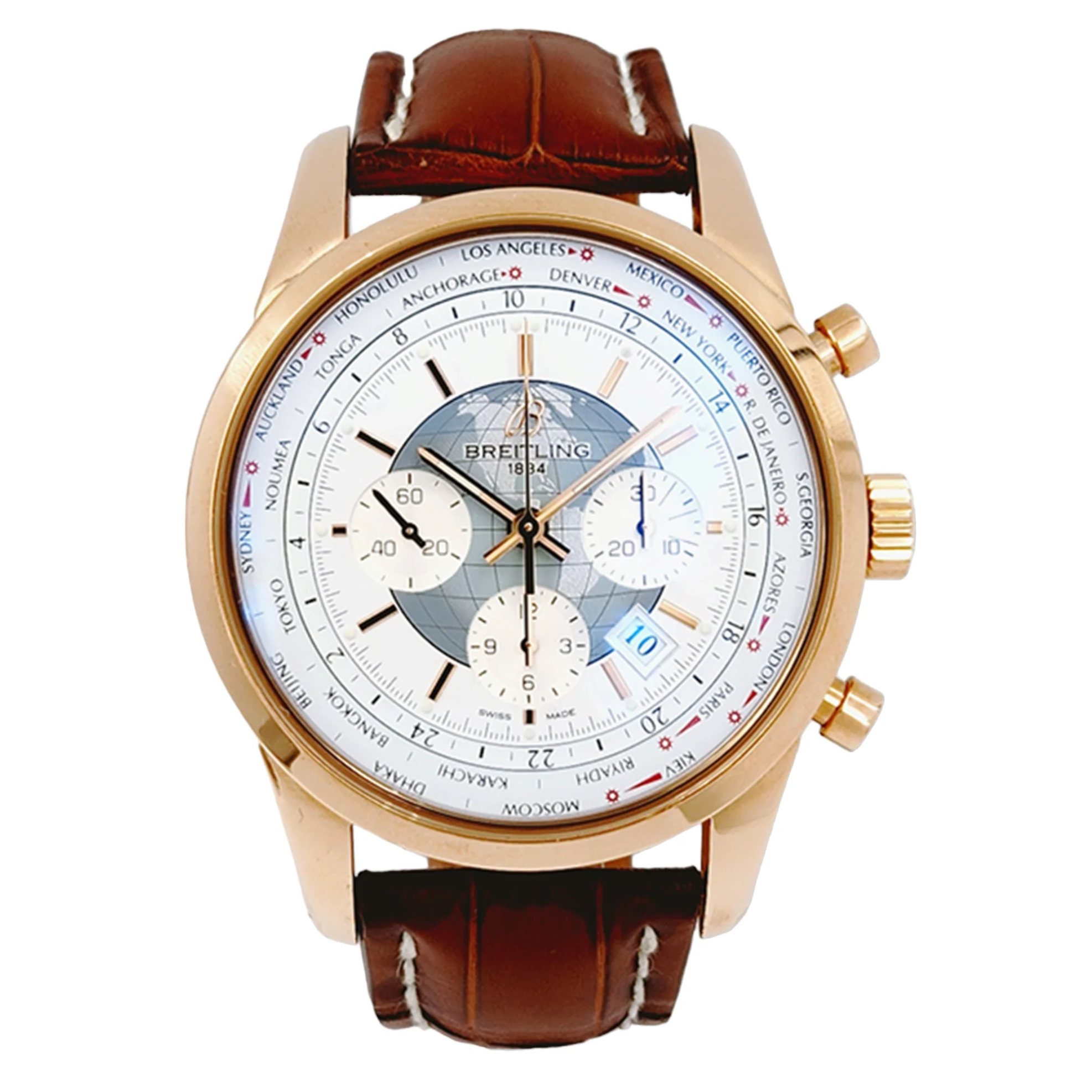 Men's Breitling 46mm Transocean Watch in 18K Rose Gold with Brown Leather Band and White Chronograph Dial. (Pre-Owned)