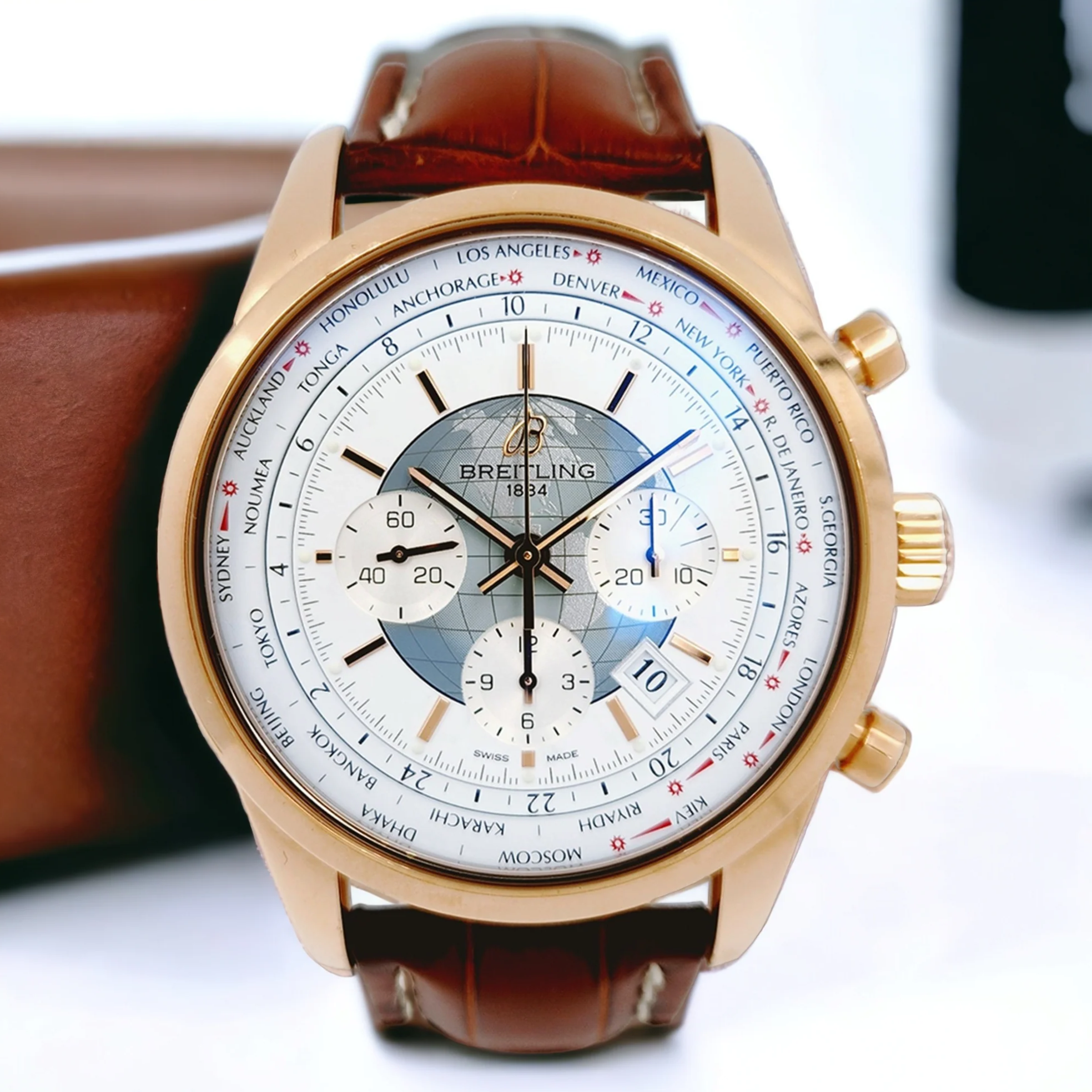 Men's Breitling 46mm Transocean Watch in 18K Rose Gold with Brown Leather Band and White Chronograph Dial. (Pre-Owned)