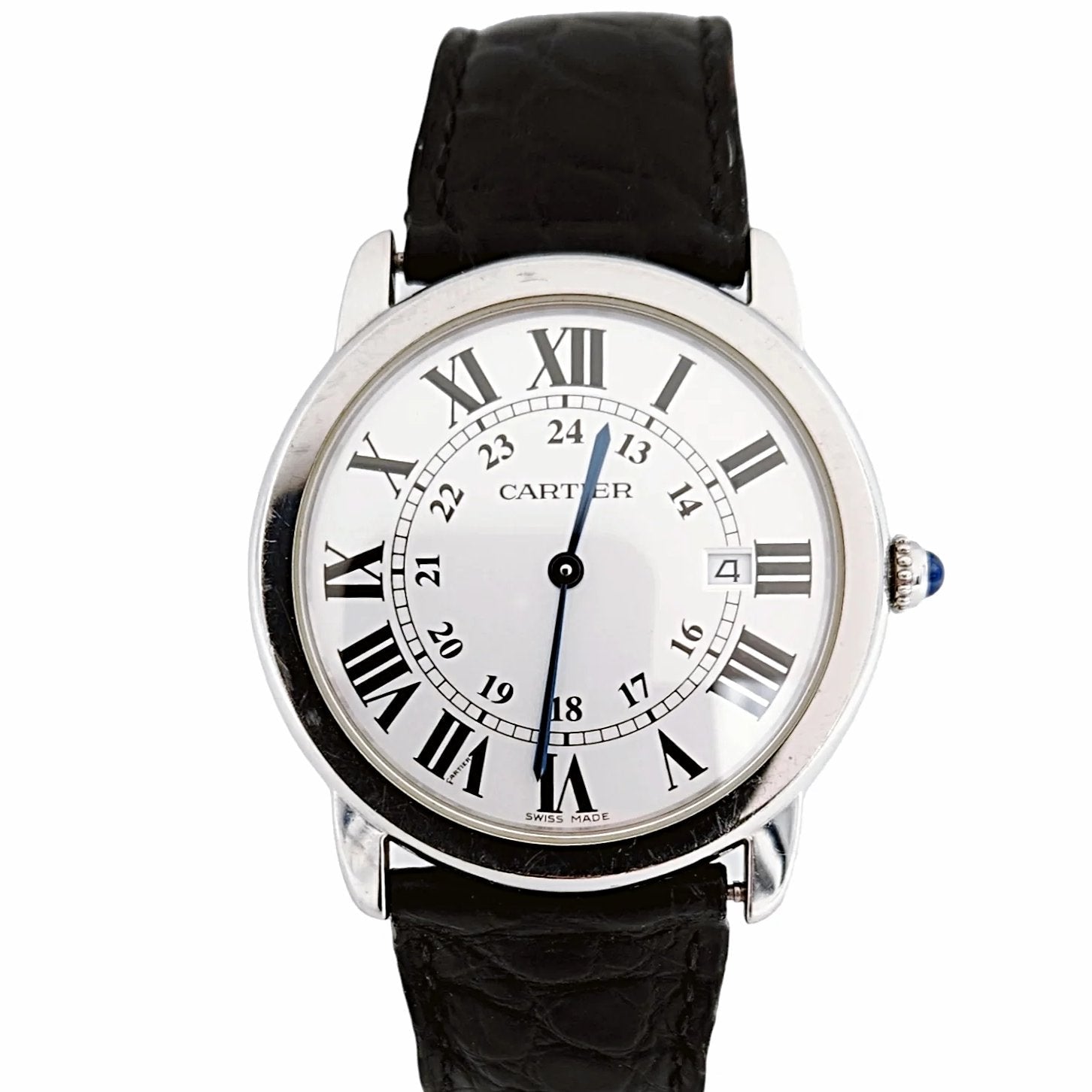 Men's Cartier 36mm Ronde Solo Stainless Steel Watch with Black Leather Band and Silver Dial. (Pre-Owned)