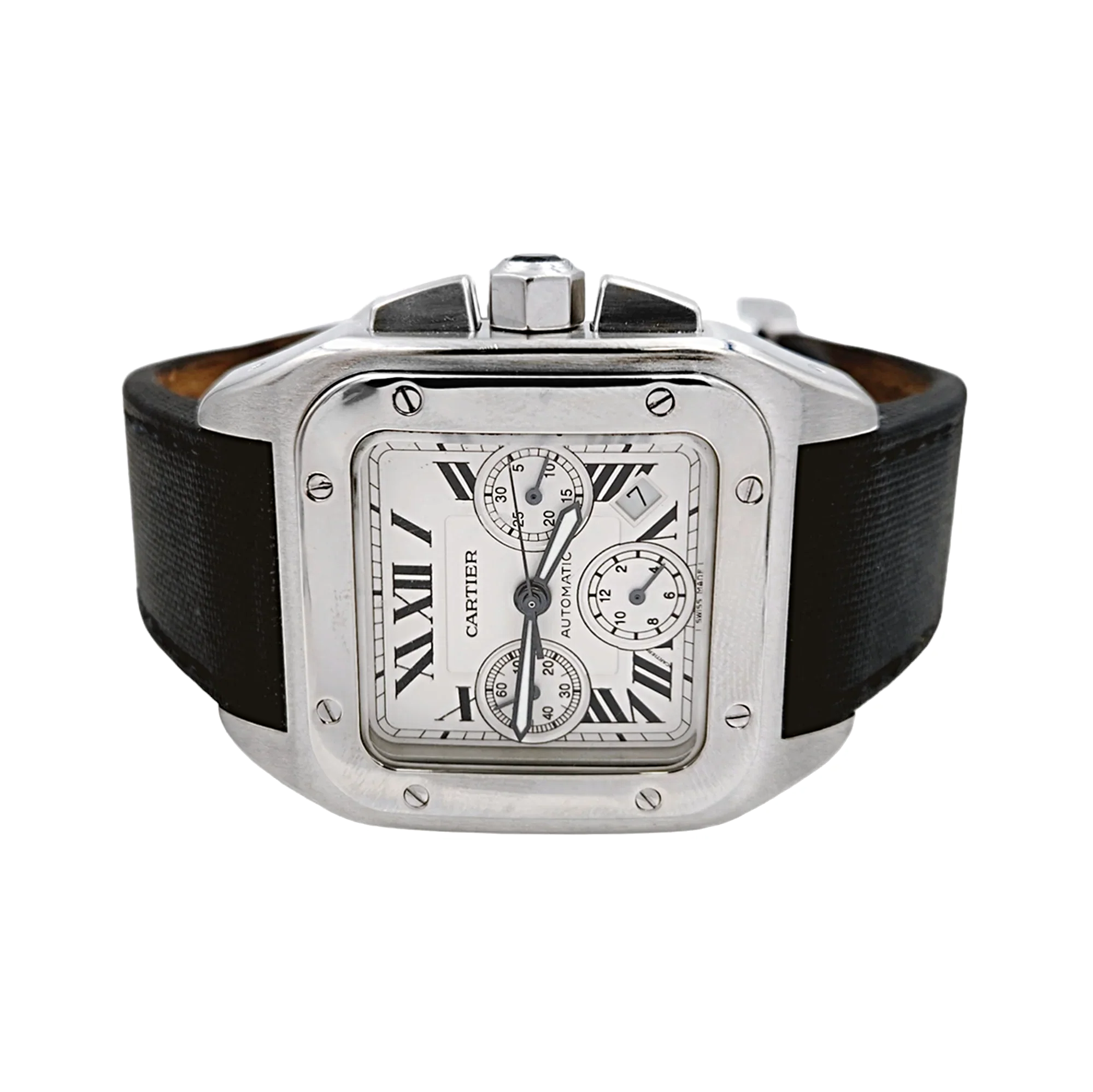 Men's Cartier 42mm Santos 100 XL Chronograph Watch with Black Leather Band and Silver Dial. (Pre-Owned W20090X8)