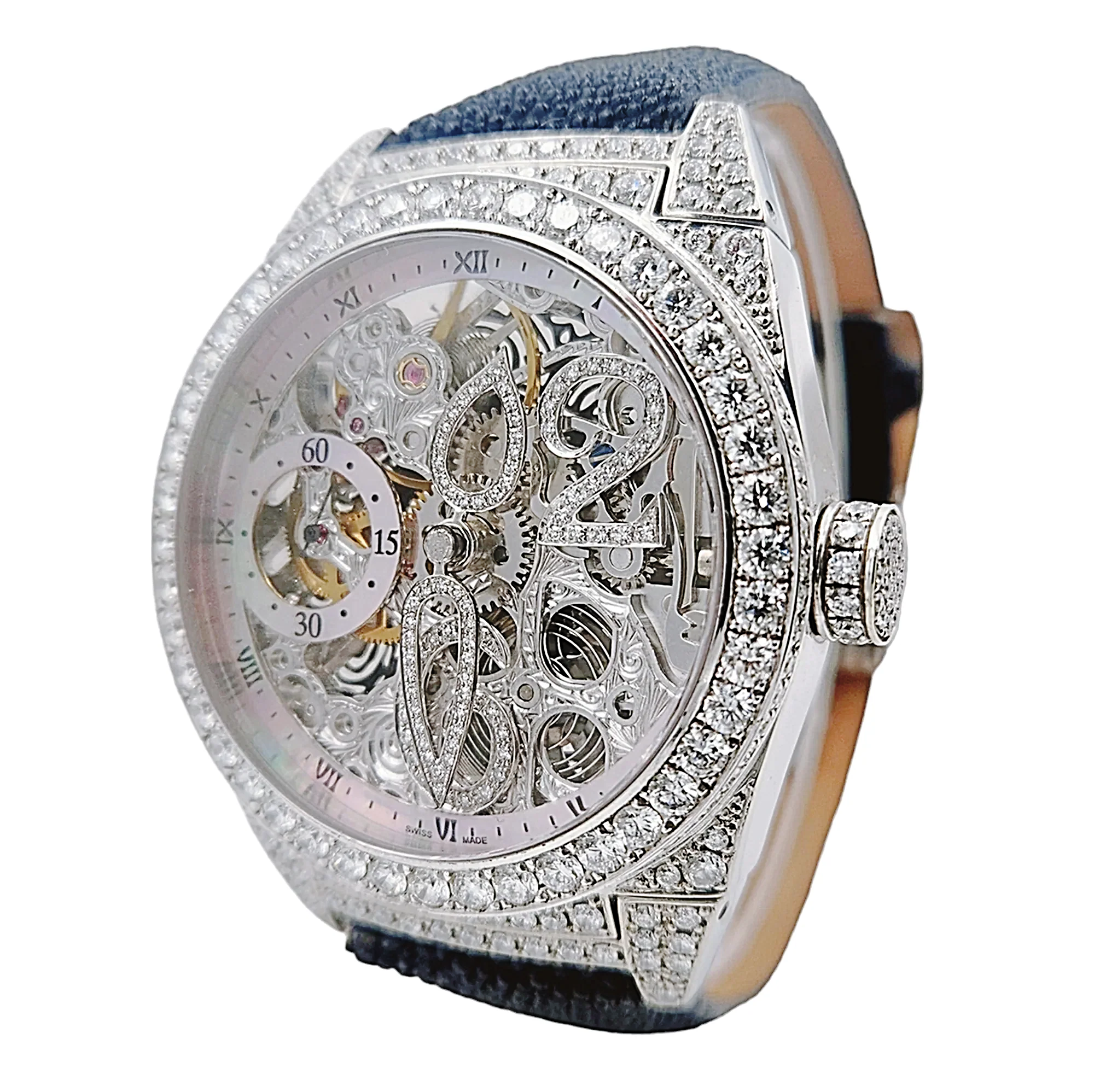 Men's D'Atlantis 44mm Full Diamond Skeleton Automatic Watch with Mother of Pearl Dial and Diamond Bezel. (Pre-Owned)