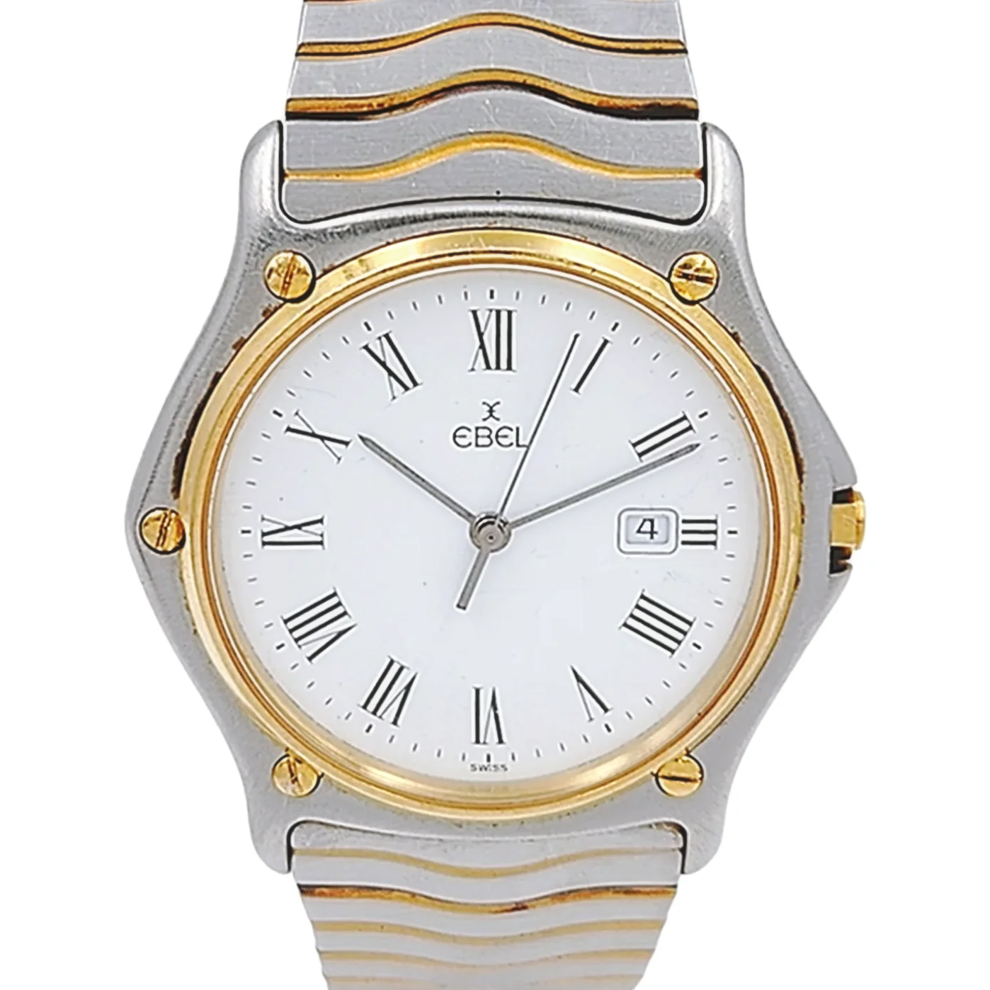 Men's Ebel 34mm 18K Yellow Gold / Stainless Steel Two Tone Band Watch with Date and White Roman Numeral Dial. (Pre-Owned)