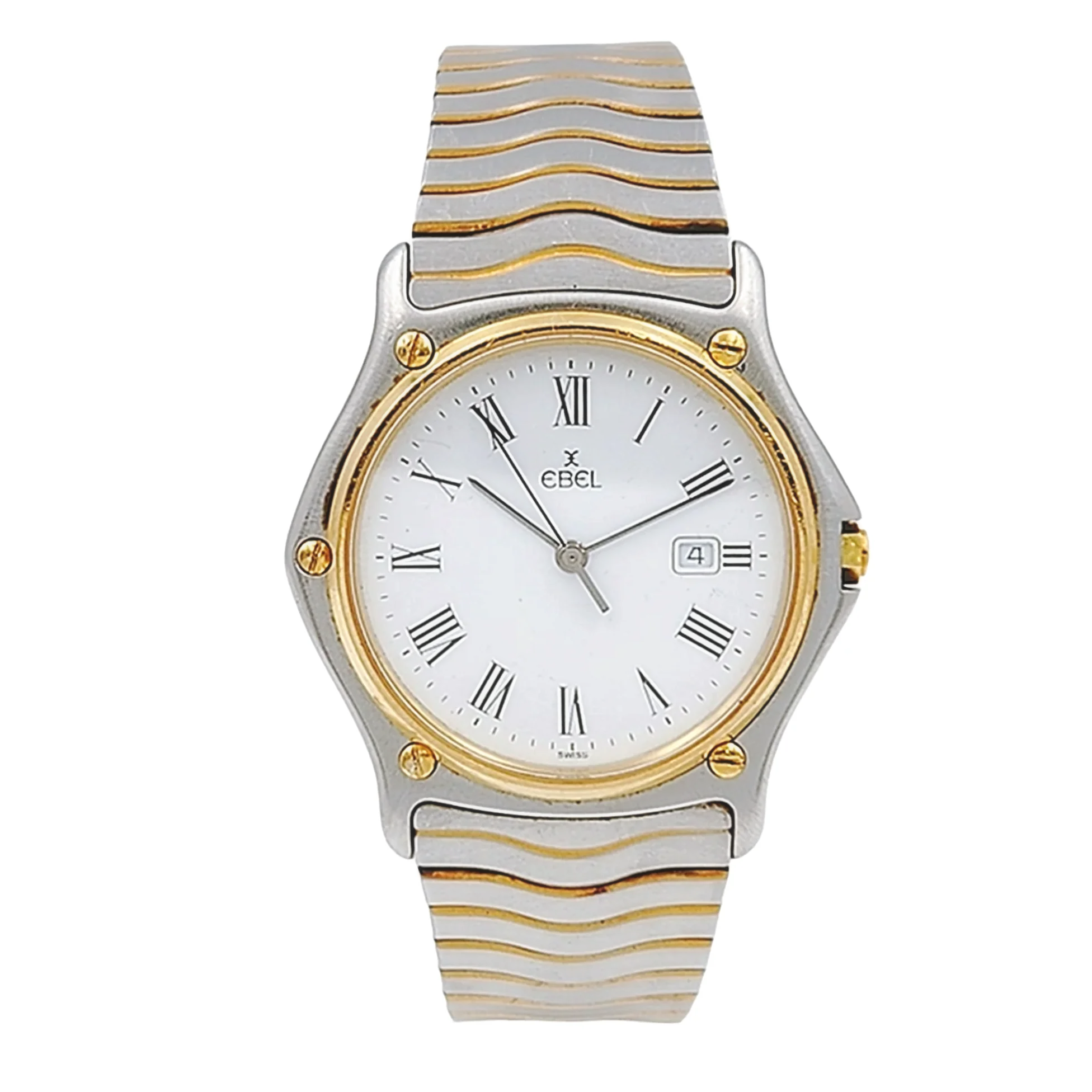Men's Ebel 34mm 18K Yellow Gold / Stainless Steel Two Tone Band Watch with Date and White Roman Numeral Dial. (Pre-Owned)