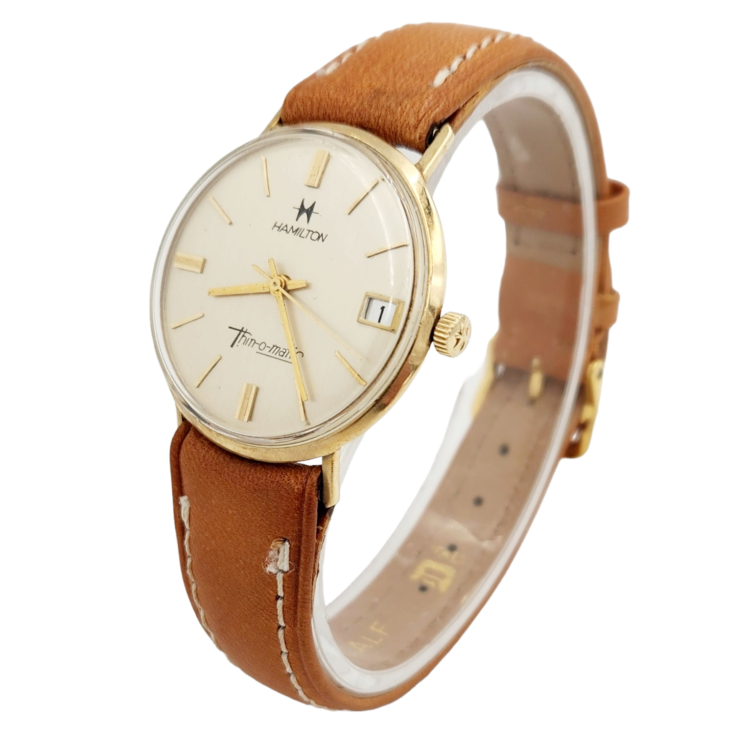 Men's Hamilton Thin-O-Matic 33mm Vintage 10K Yellow Gold Automatic Watch with Brown Leather Strap and Silver Dial. (Pre-Owned)