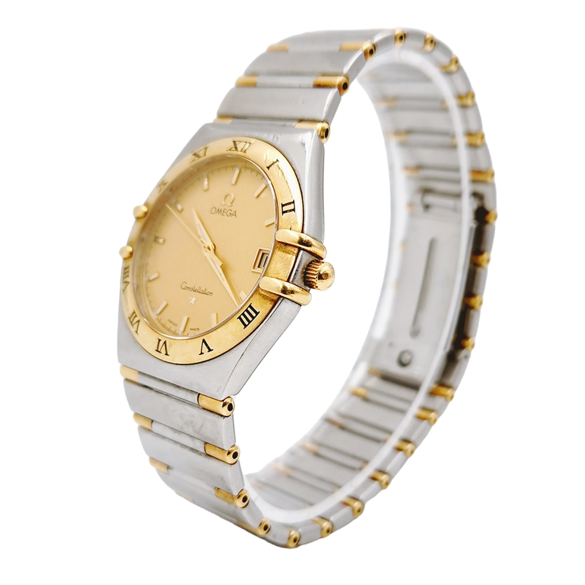 Men's Omega 33mm Constellation Two Tone 18K Yellow Gold / Stainless Steel Watch with Gold Dial and Fixed Roman Numeral Bezel. (Pre-Owned)