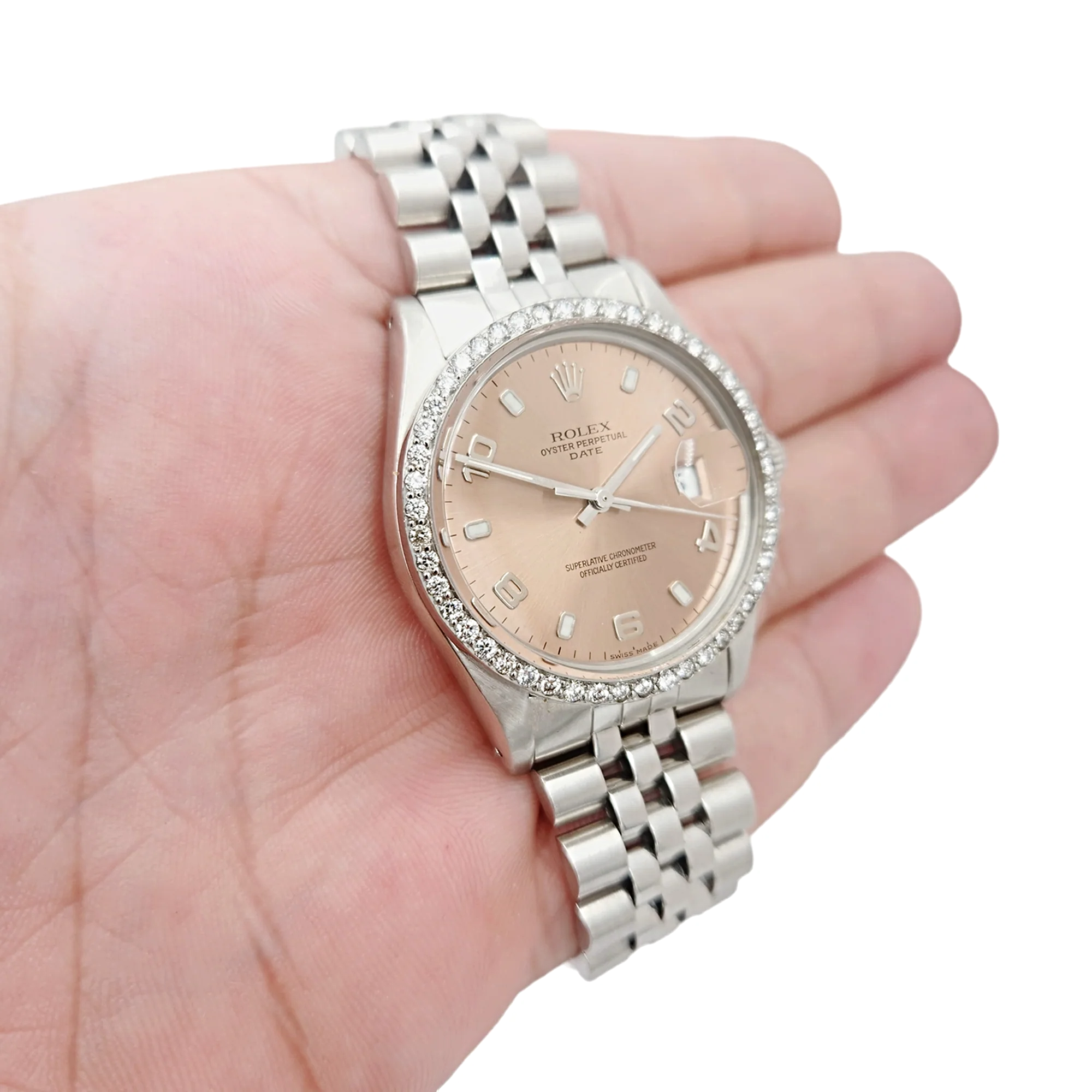 Men's Rolex 34mm Date Vintage Stainless Steel Watch with Bronze Dial and Diamond Bezel. (Pre-Owned 15000)