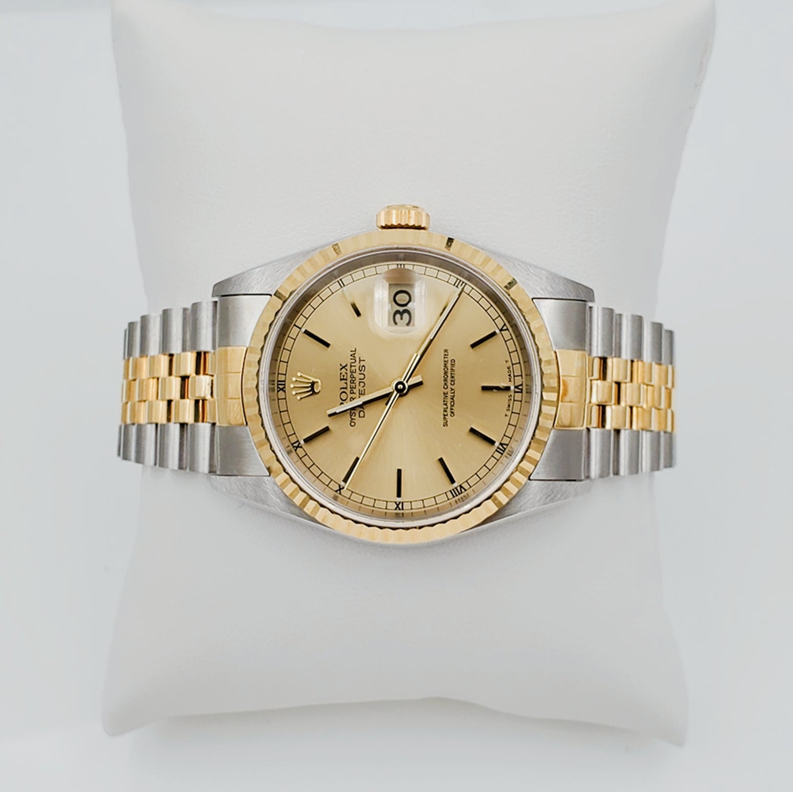 1998 Men's Rolex 36mm DateJust 18K Gold / Stainless Steel Two Tone Wristwatch w/ Fluted Bezel & Champaign Dial. (UNWORN 16233)