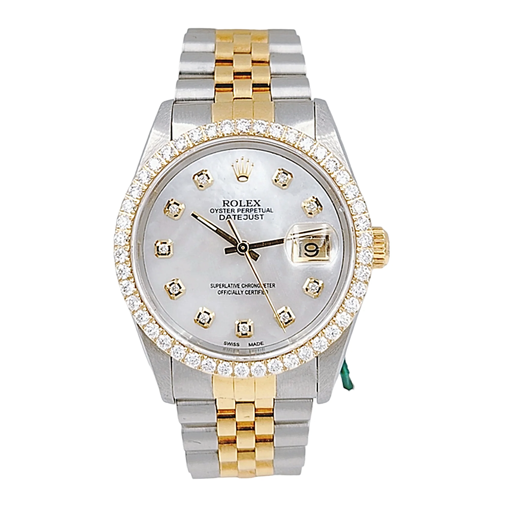 Men's Rolex 36mm DateJust 18K Gold / Stainless Steel Two Tone Wristwatch w/ Mother of Pearl Diamond Dial & Diamond Bezel. (Pre-Owned 16233)
