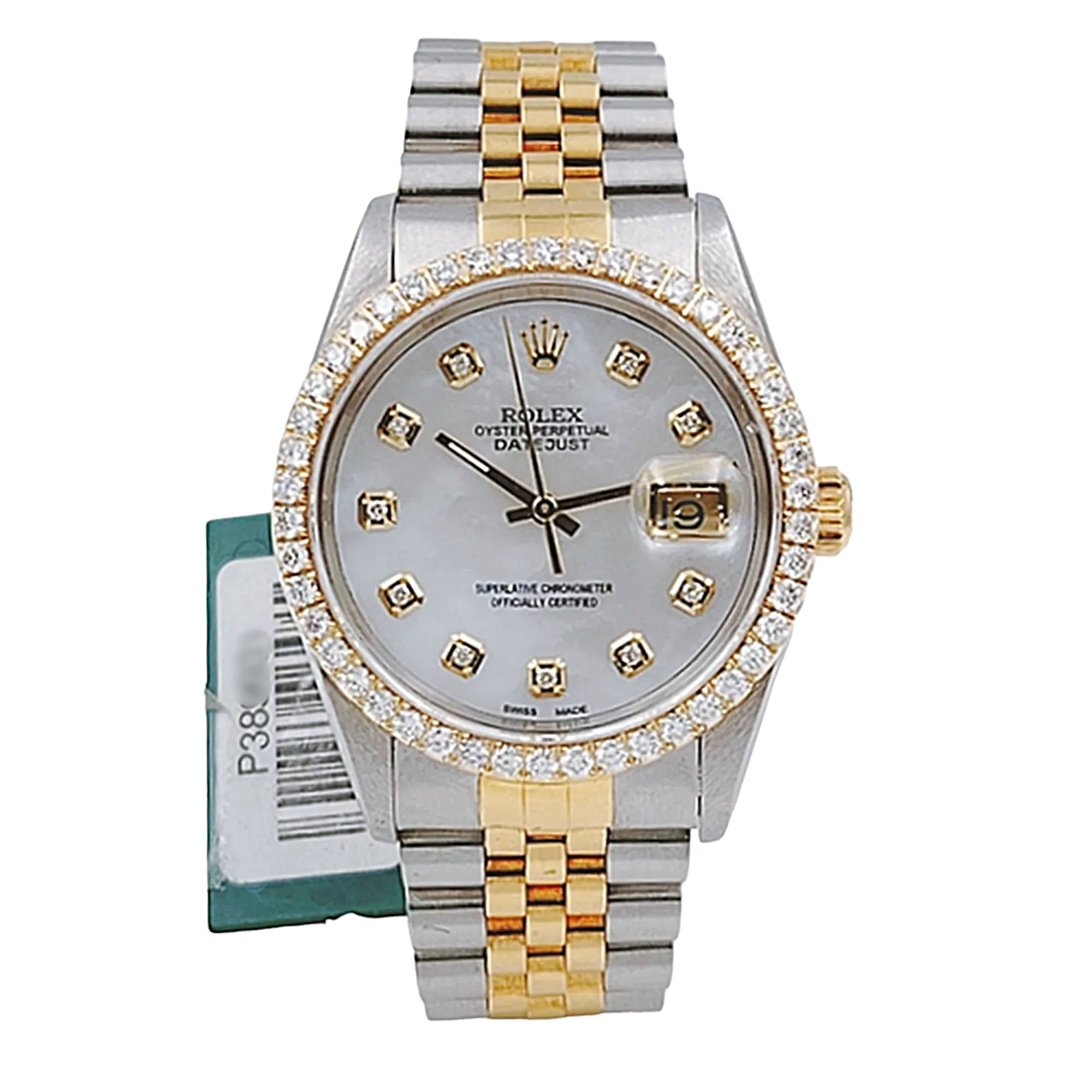 Men's Rolex 36mm DateJust 18K Gold / Stainless Steel Two Tone Watch with Mother of Pearl Diamond Dial and Diamond Bezel. (Pre-Owned 16233)