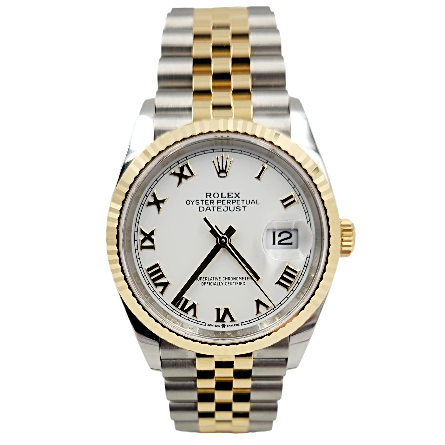 Men's Rolex 36mm DateJust 18K Gold / Stainless Steel Two Tone Watch with White Dial and Fluted Bezel. (Pre-Owned 126233)