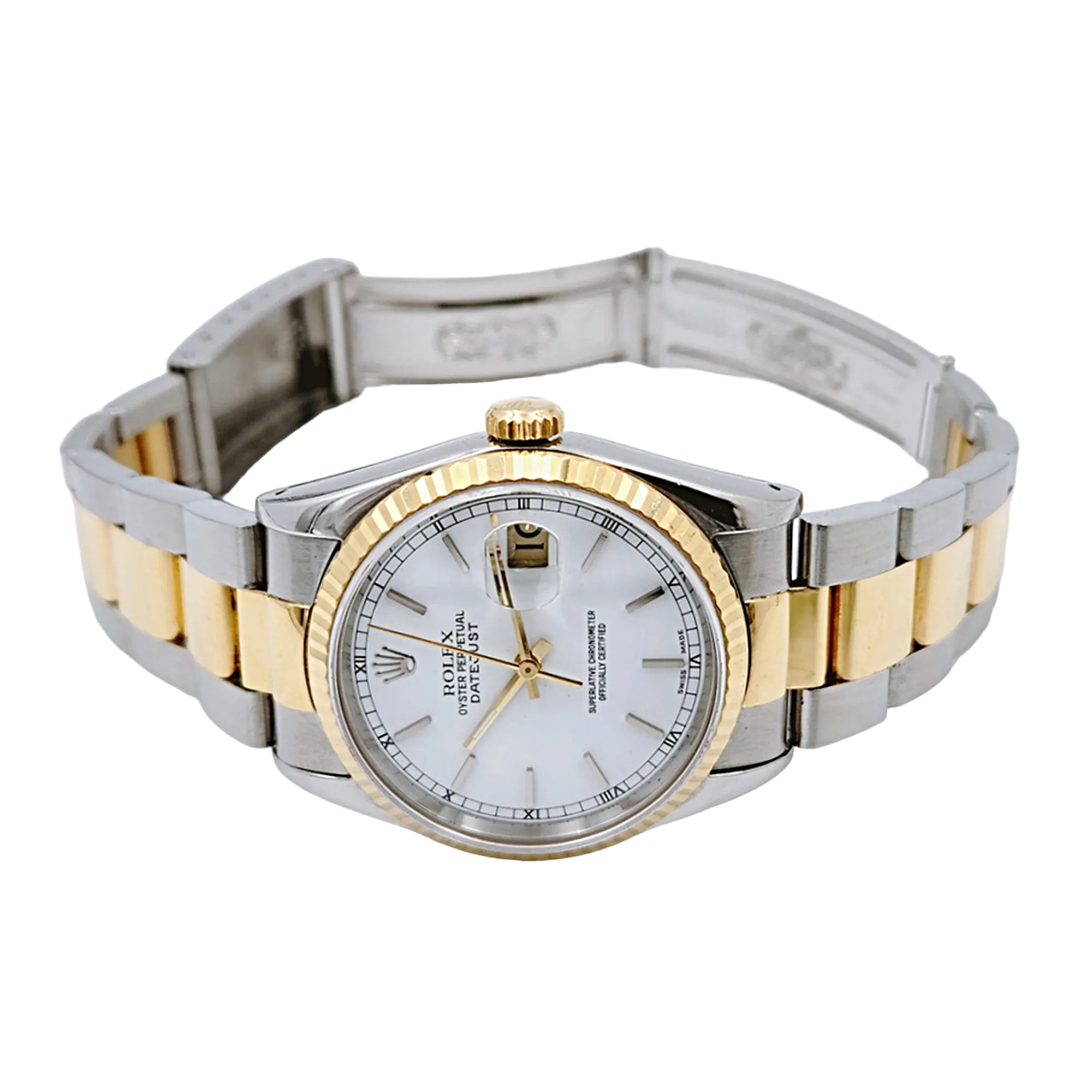 Men's Rolex 36mm DateJust 18K Yellow Gold / Stainless Steel Two Tone Watch with White Dial and Fluted Bezel. (Pre-Owned 16263)
