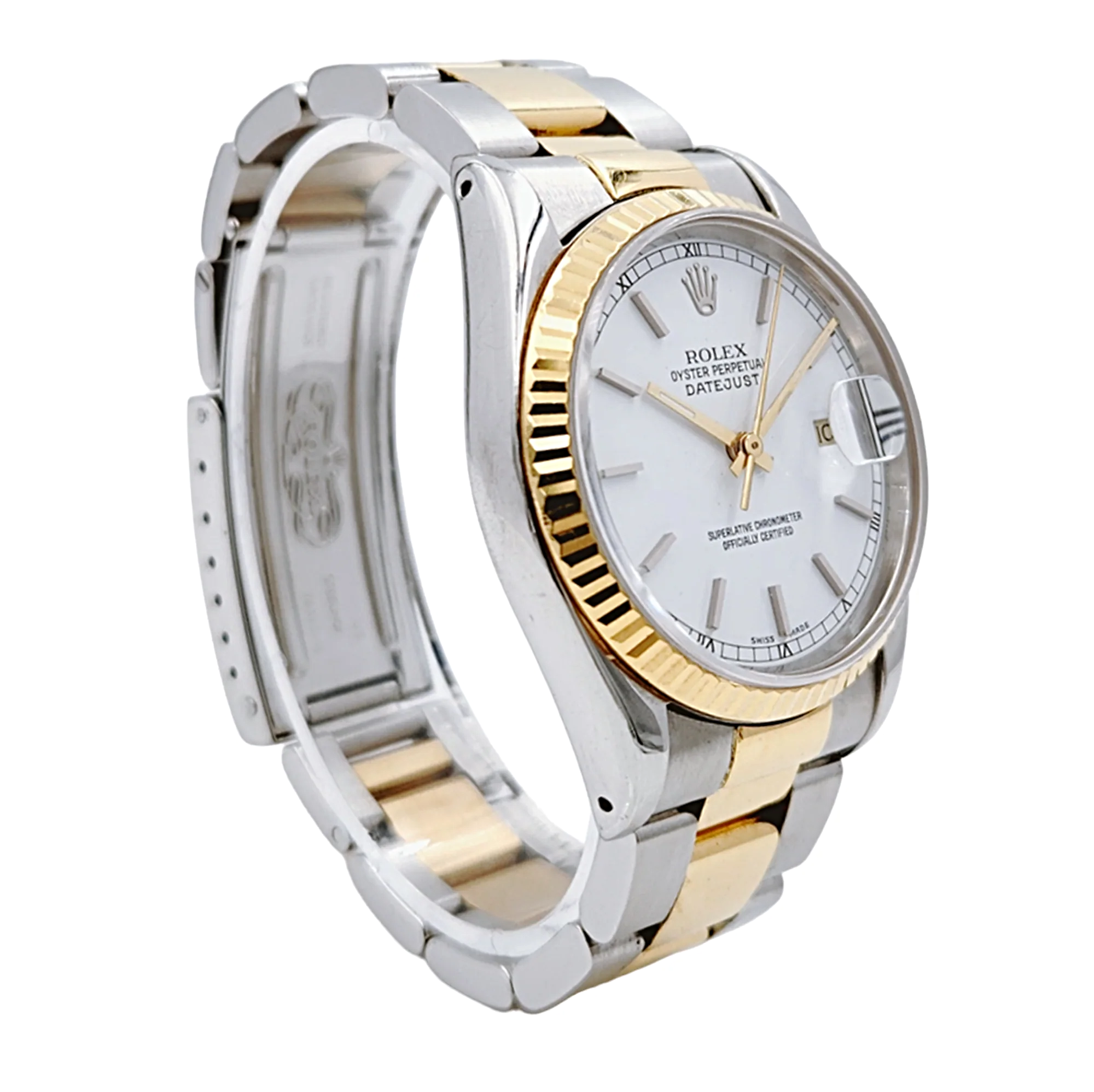 Men's Rolex 36mm DateJust 18K Yellow Gold / Stainless Steel Two Tone Watch with White Dial and Fluted Bezel. (Pre-Owned 16263)