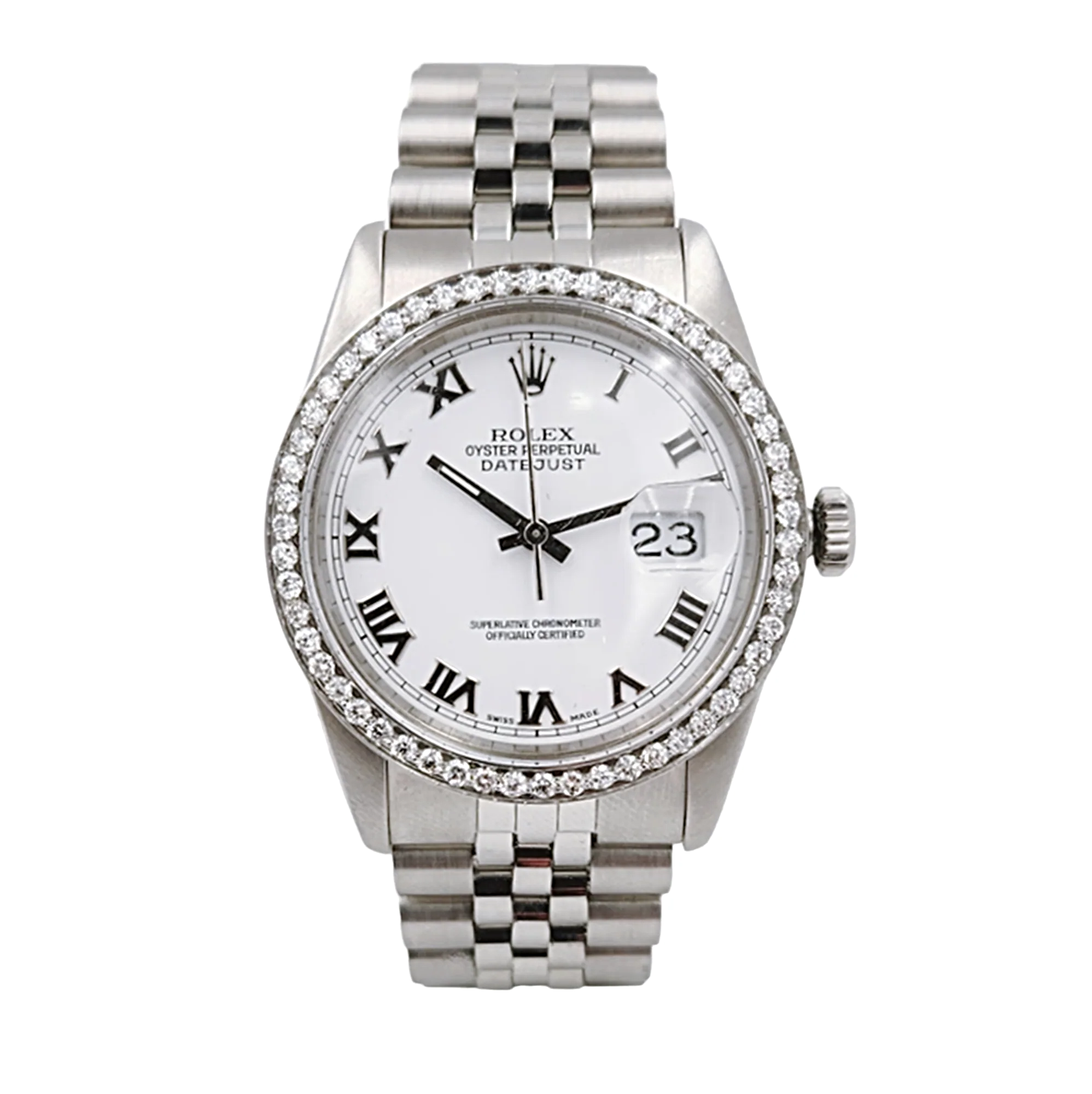 Men's Rolex 36mm DateJust Stainless Steel Watch with White Dial and Diamond Bezel. (Pre-Owned 16220)