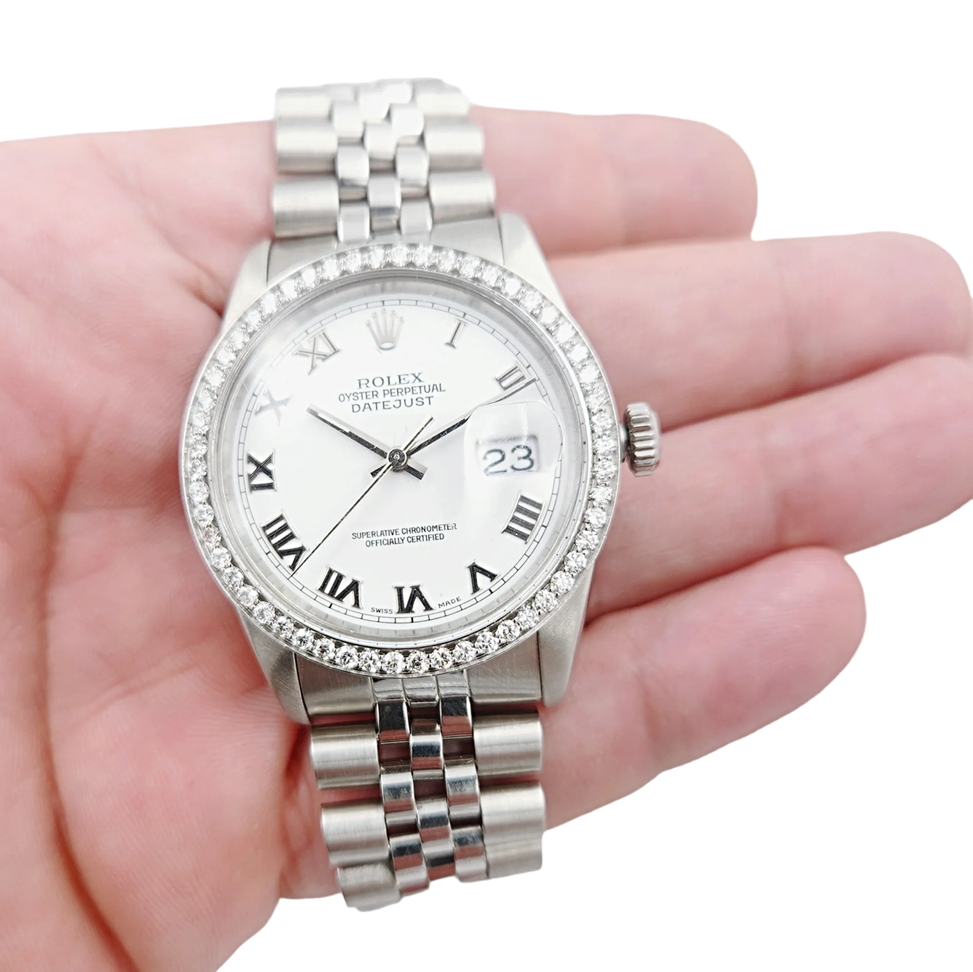 Men's Rolex 36mm DateJust Stainless Steel Watch with White Dial and Diamond Bezel. (Pre-Owned 16220)