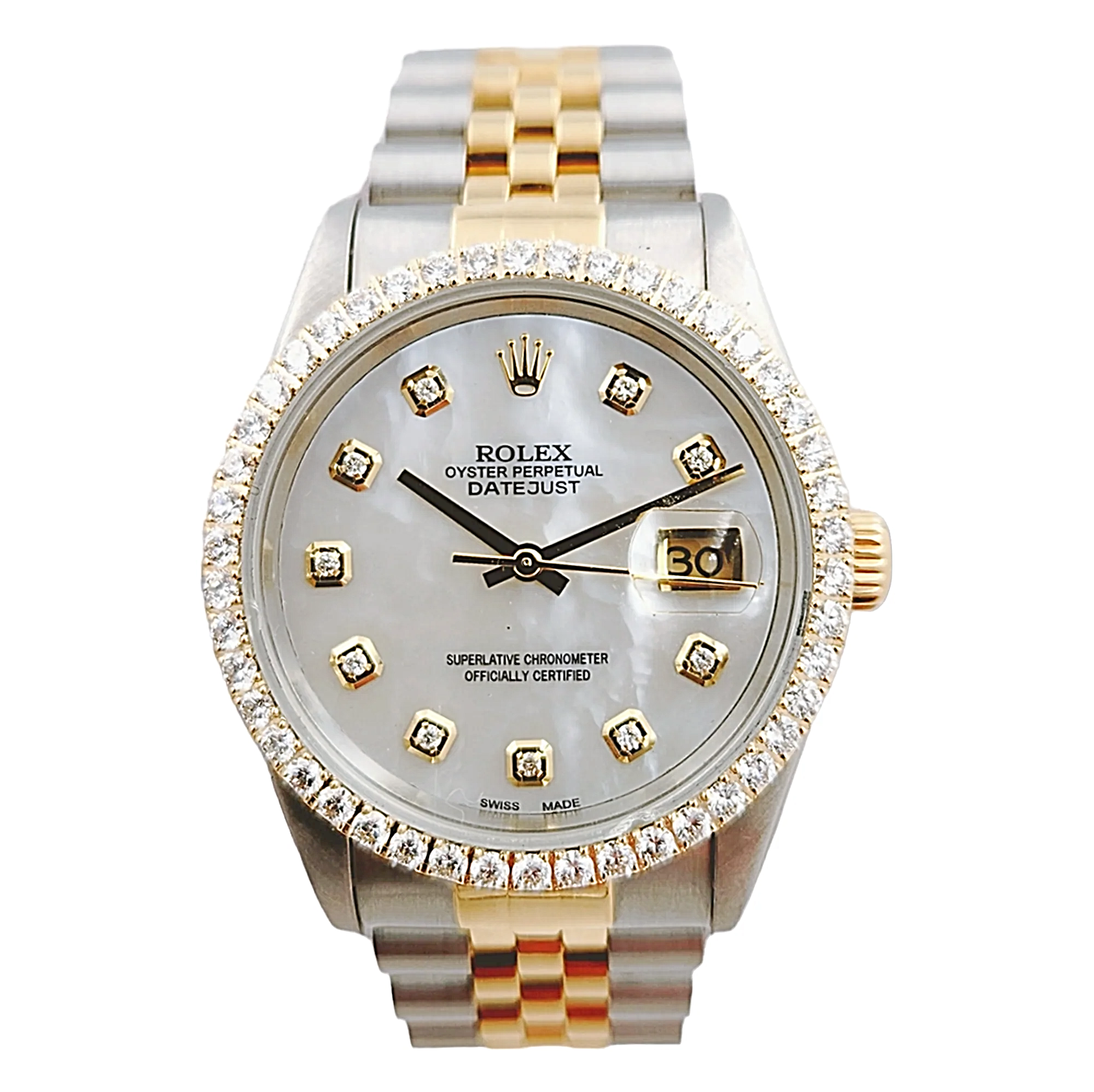 Men's Rolex 36mm DateJust Two Tone 18K Gold / Stainless Steel Watch with Mother of Pearl Diamond Dial and Diamond Bezel. (Pre-Owned 16233)