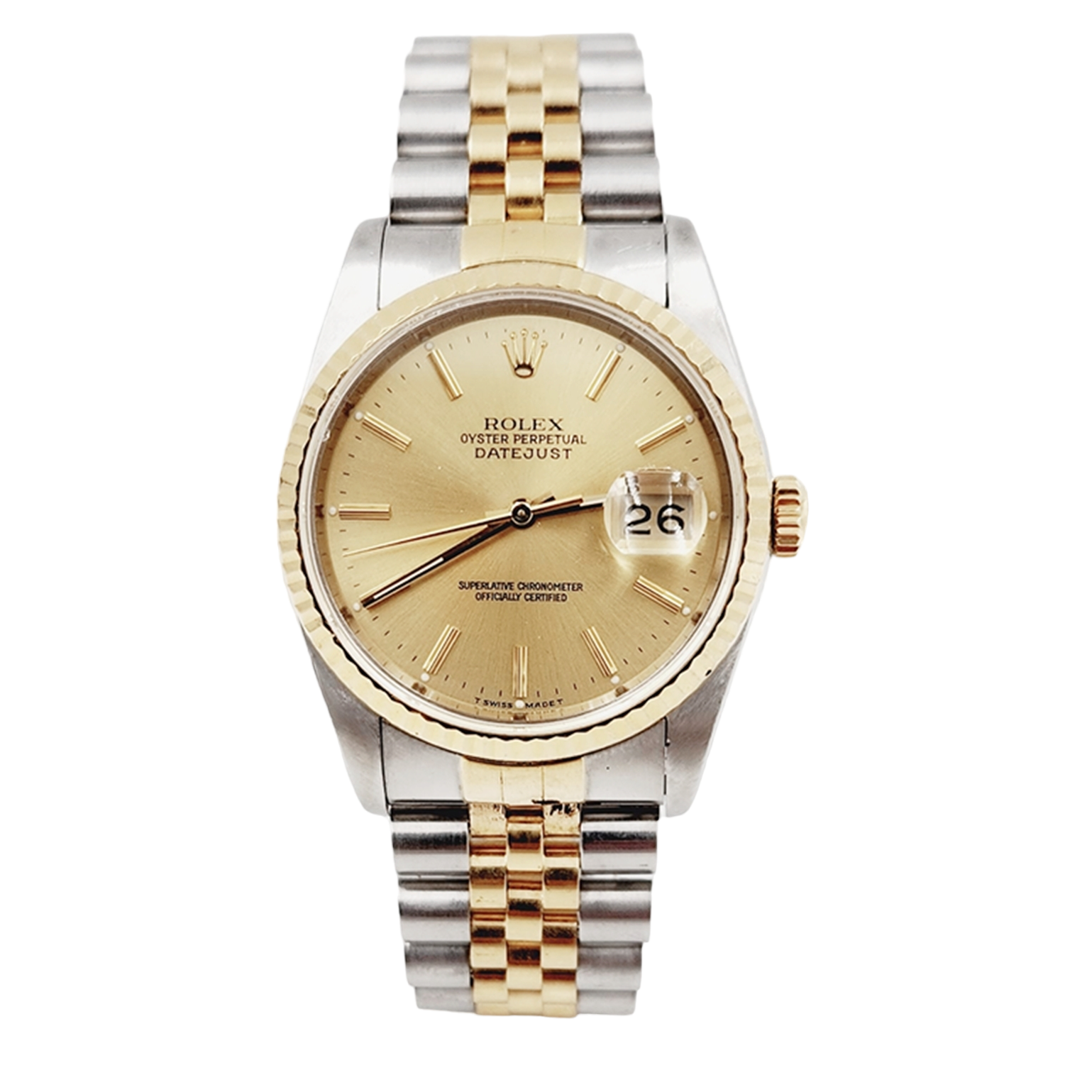 Men's Rolex 36mm DateJust Two Tone 18K Yellow Gold / Stainless Steel Watch with Champagne Dial and Fluted Bezel. (Pre-Owned 16233)