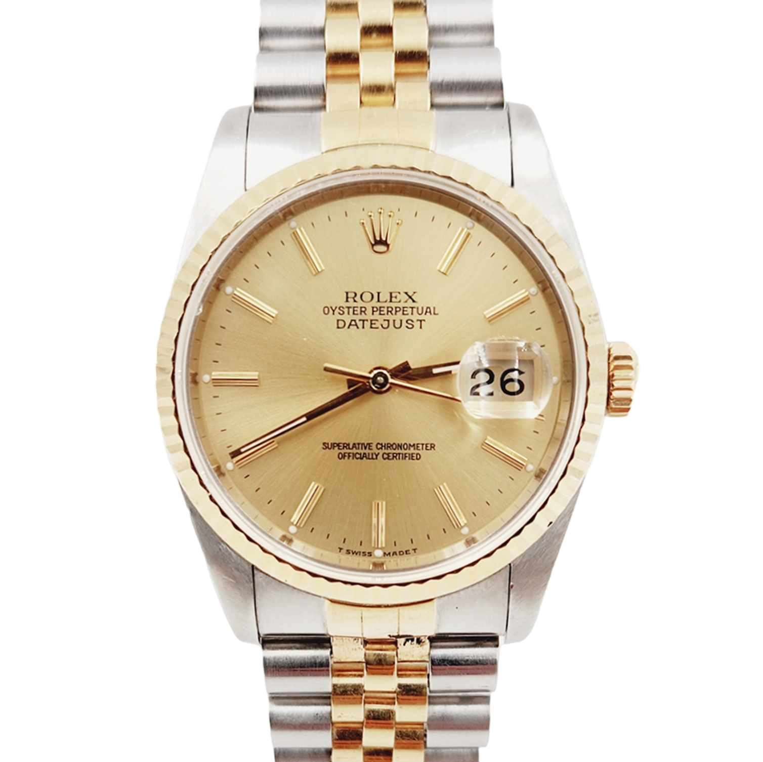 Men's Rolex 36mm DateJust Two Tone 18K Yellow Gold / Stainless Steel Watch with Champagne Dial and Fluted Bezel. (Pre-Owned 16233)