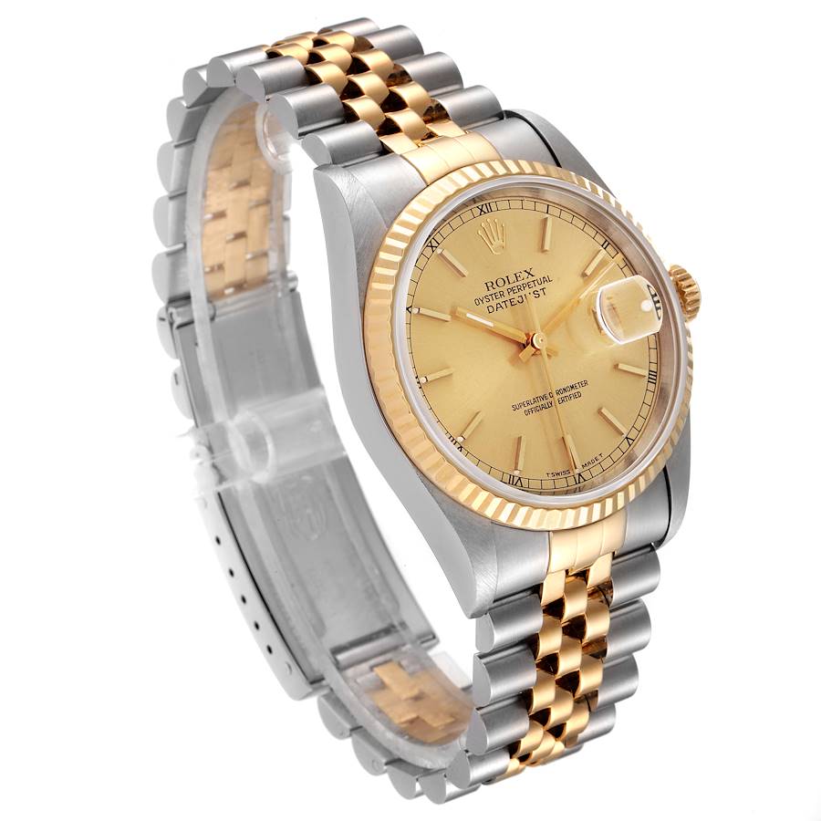Men's Rolex 36mm DateJust Two Tone 18K Yellow Gold / Stainless Steel Watch with Fluted Bezel and Champagne Dial. (NEW 16233)