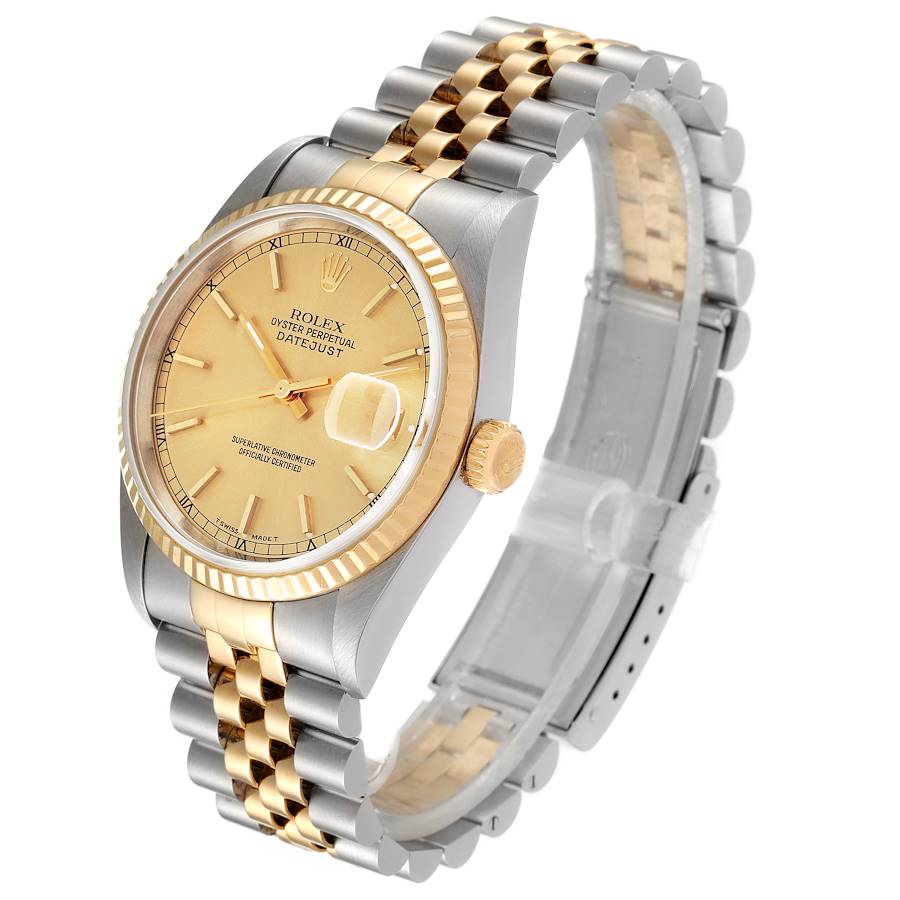 Men's Rolex 36mm DateJust Two Tone 18K Yellow Gold / Stainless Steel Watch with Fluted Bezel and Champagne Dial. (NEW 16233)