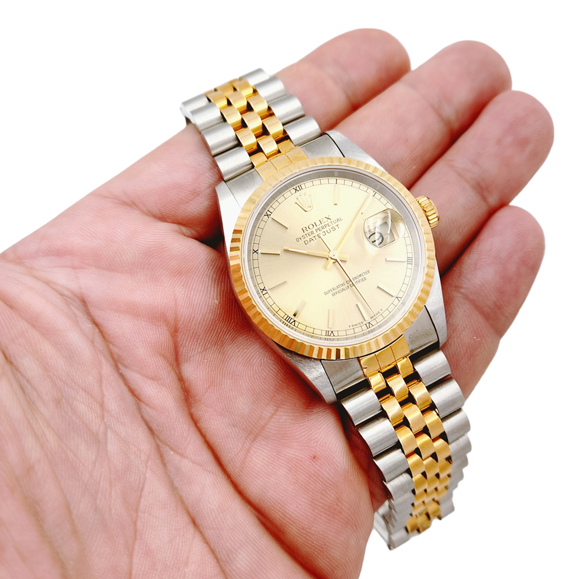 *Men's Rolex 36mm DateJust Two Tone 18K Yellow Gold / Stainless Steel Watch with Fluted Bezel and Champagne Dial. (UNWORN 16233)