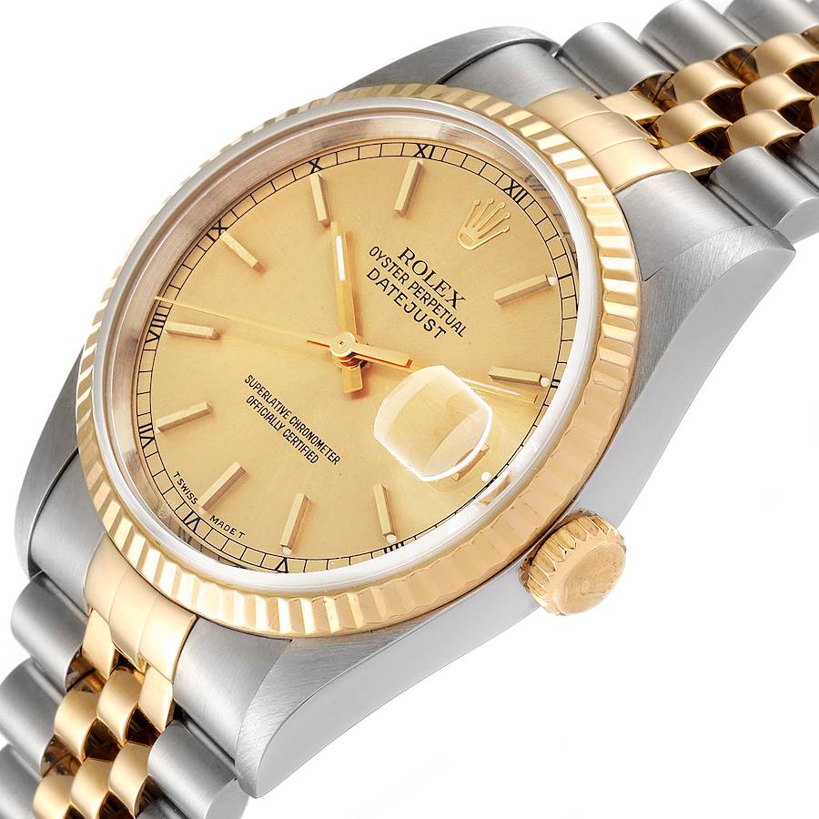 *Men's Rolex 36mm DateJust Two Tone 18K Yellow Gold / Stainless Steel Watch with Fluted Bezel and Champagne Dial. (UNWORN 16233)