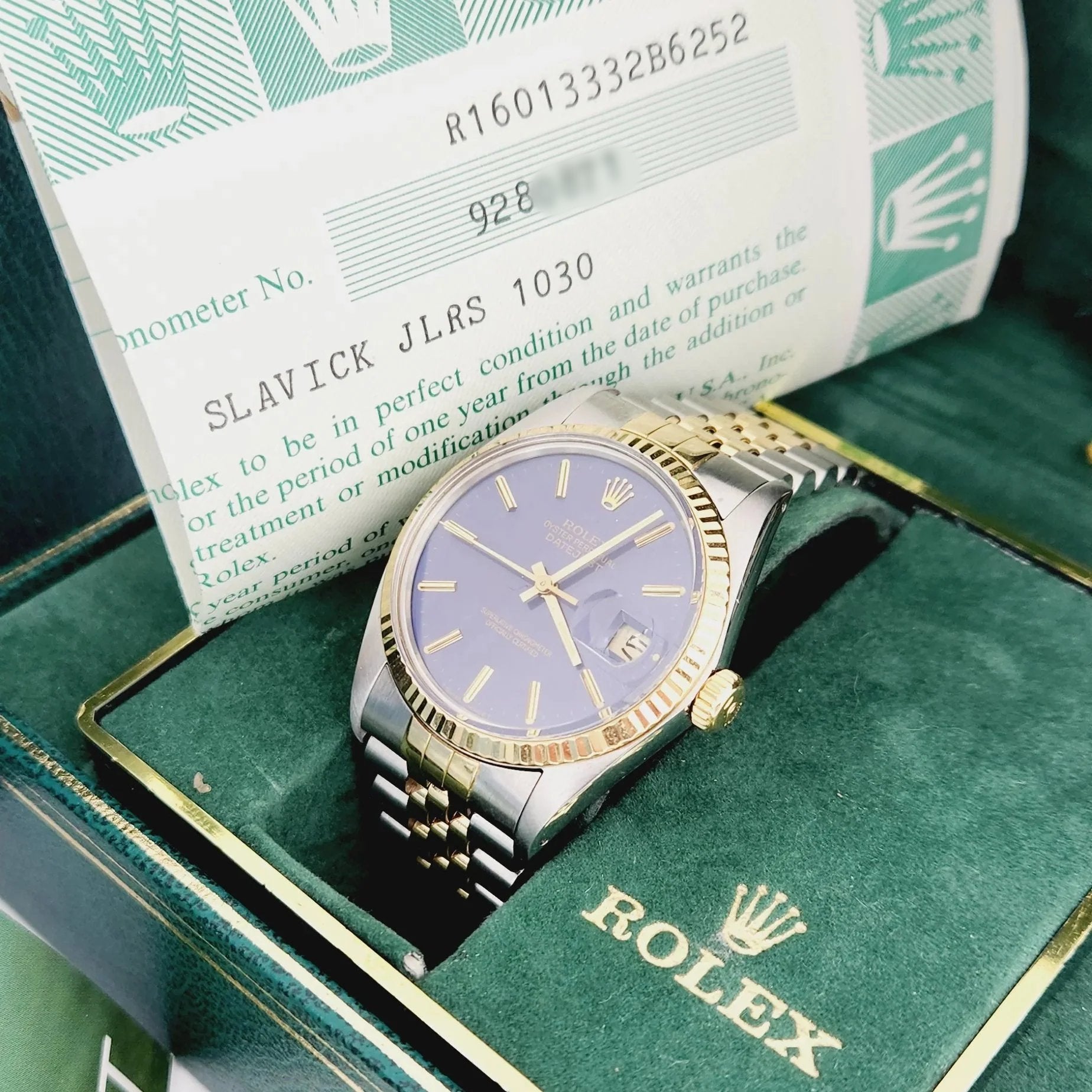 Men's Rolex 36mm DateJust Two Tone 18K Yellow Gold / Stainless Steel Watch with Purple Dial and Fluted Bezel. (Pre-Owned 16013)