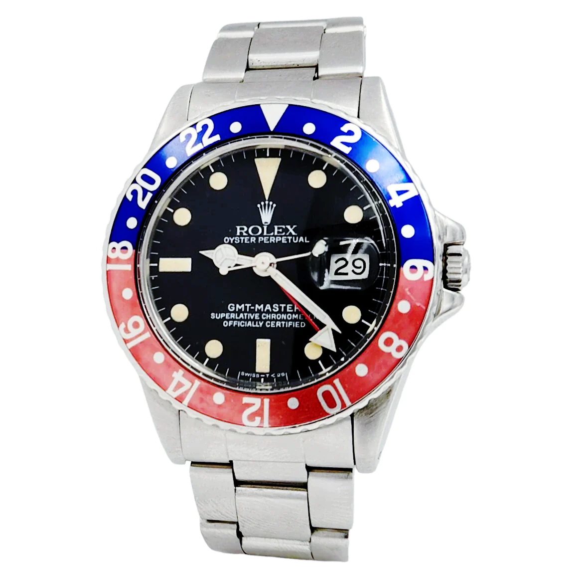 Men's Rolex 40mm GMT Master 1982 Vintage Stainless Steel Watch with Black Dial and Pepsi Bezel. (Pre-Owned 16750)