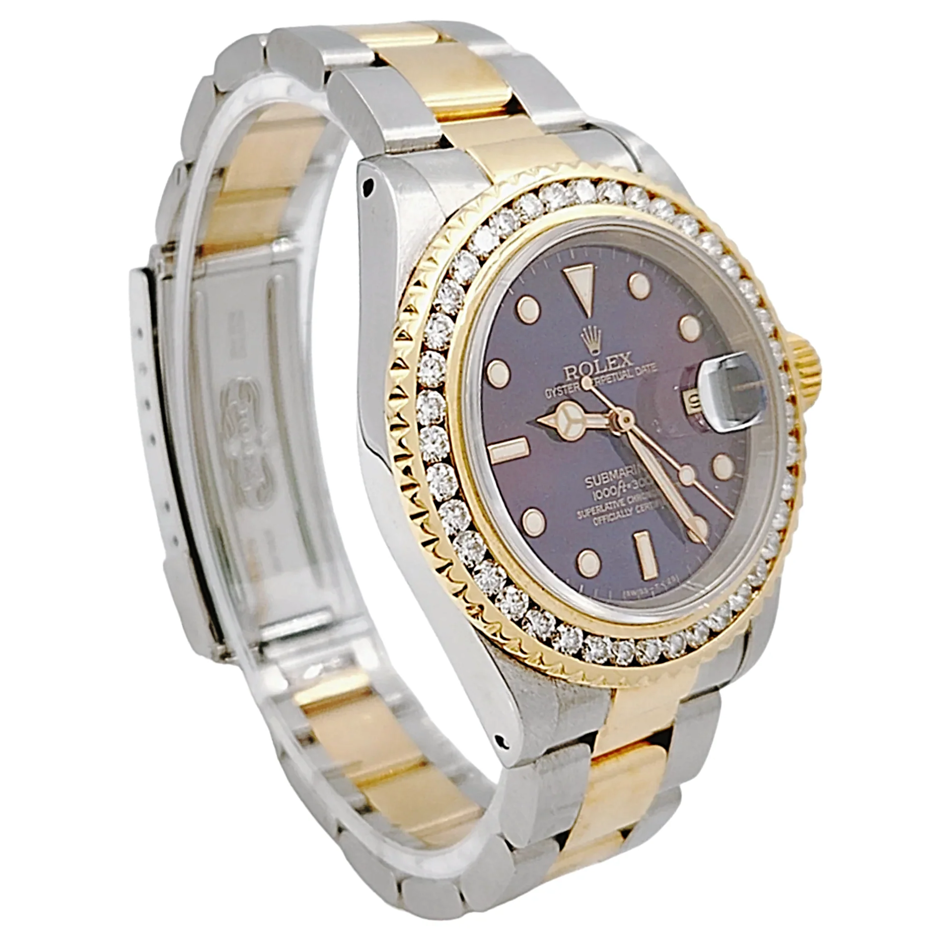 Men's Rolex 40mm Submariner 18K Yellow Gold / Stainless Steel Wristwatch w/ Blue Dial & 3CT. Diamond Bezel. (Pre-Owned)