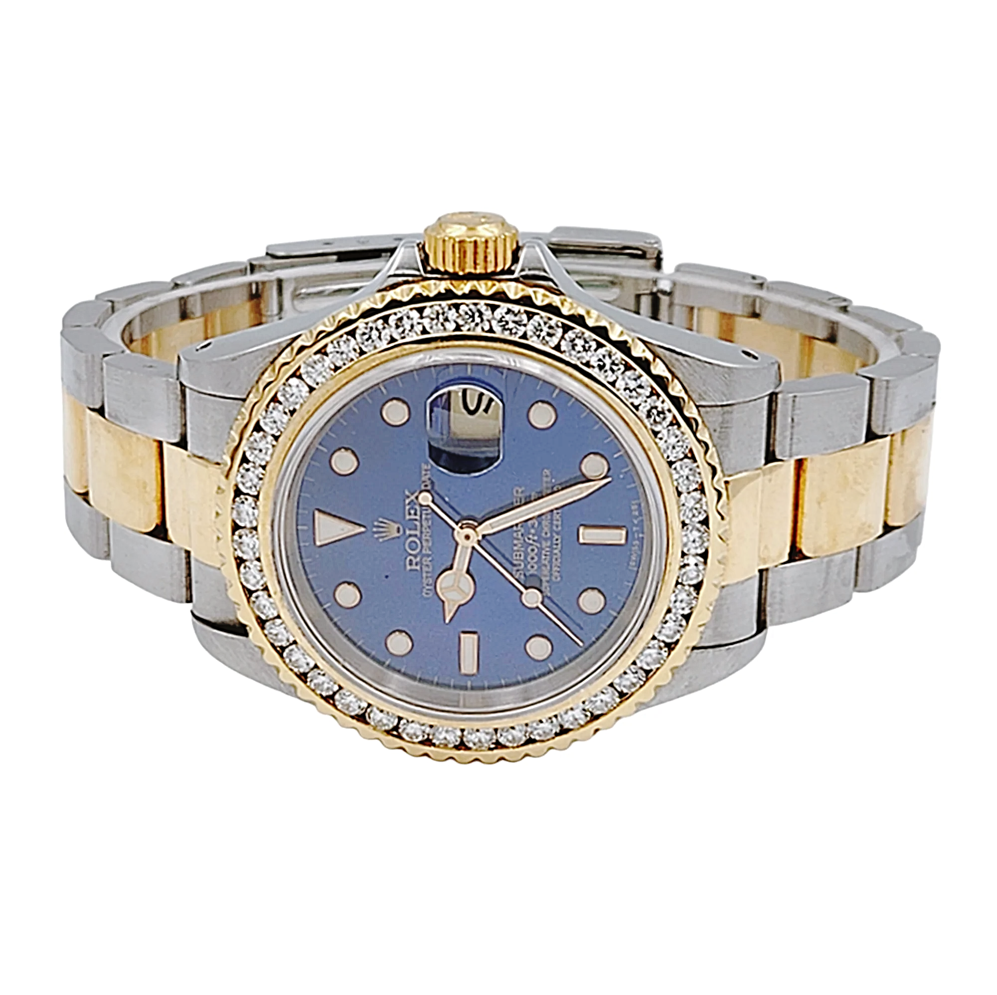Men's Rolex 40mm Submariner 18K Yellow Gold / Stainless Steel Watch with Blue Dial and 3CT. Diamond Bezel. (Pre-Owned)