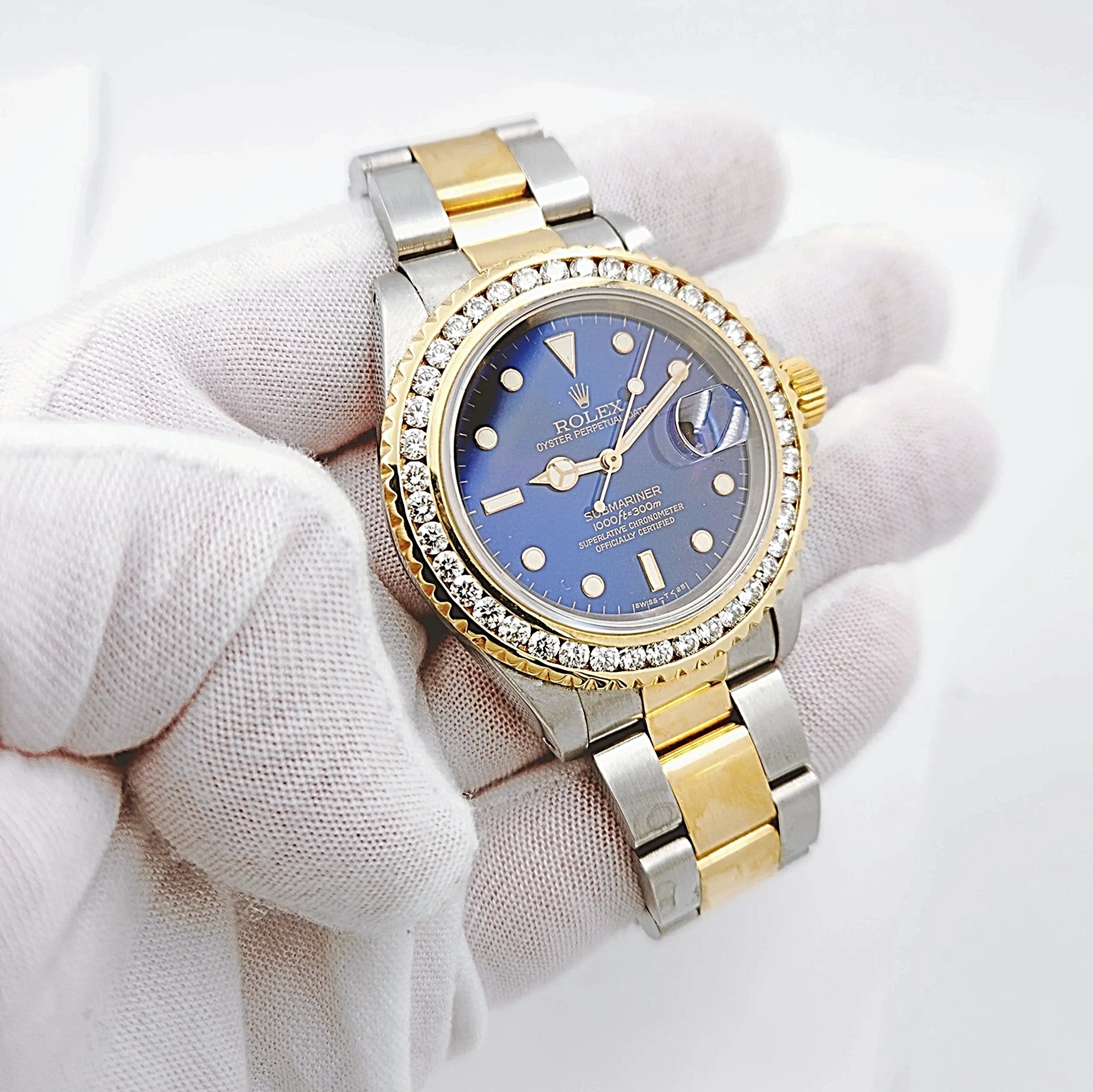 Men's Rolex 40mm Submariner 18K Yellow Gold / Stainless Steel Wristwatch w/ Blue Dial & 3CT. Diamond Bezel. (Pre-Owned)