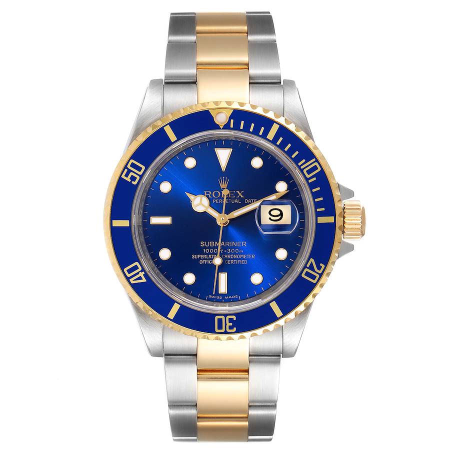 Men's Rolex 40mm Submariner Date Oyster Perpetual Two-Tone 18K Yellow Gold / Stainless Steel Watch with Blue Dial and Blue Bezel. (Pre-Owned 16613)