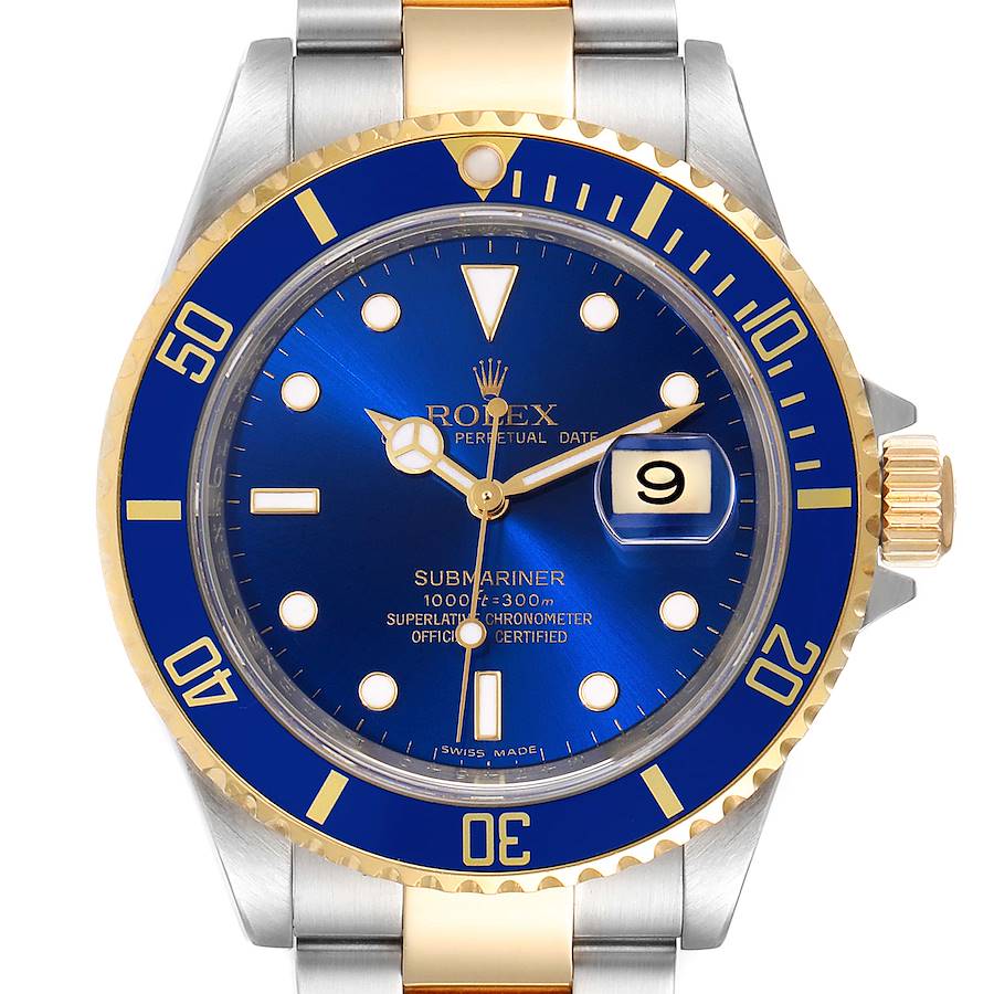 1999 Men's Rolex 40mm Submariner Oyster Perpetual Two Tone 18K Yellow Gold / Stainless Steel Wristwatch w/ Blue Dial & Blue Bezel. (Pre-Owned 16613)