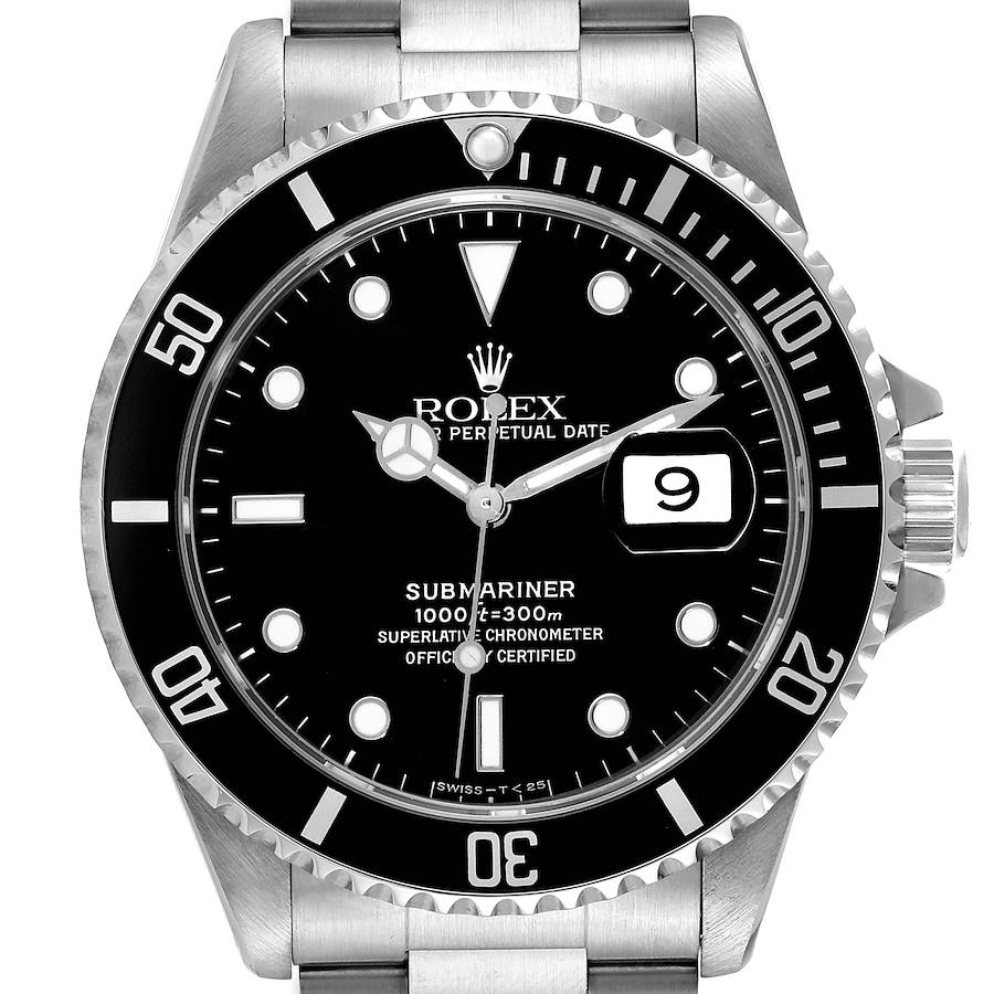 Men's Rolex 40mm Submariner Oyster Perpetual Date Steel Watch with Black Dial and Black Bezel. (Pre-Owned 16610)